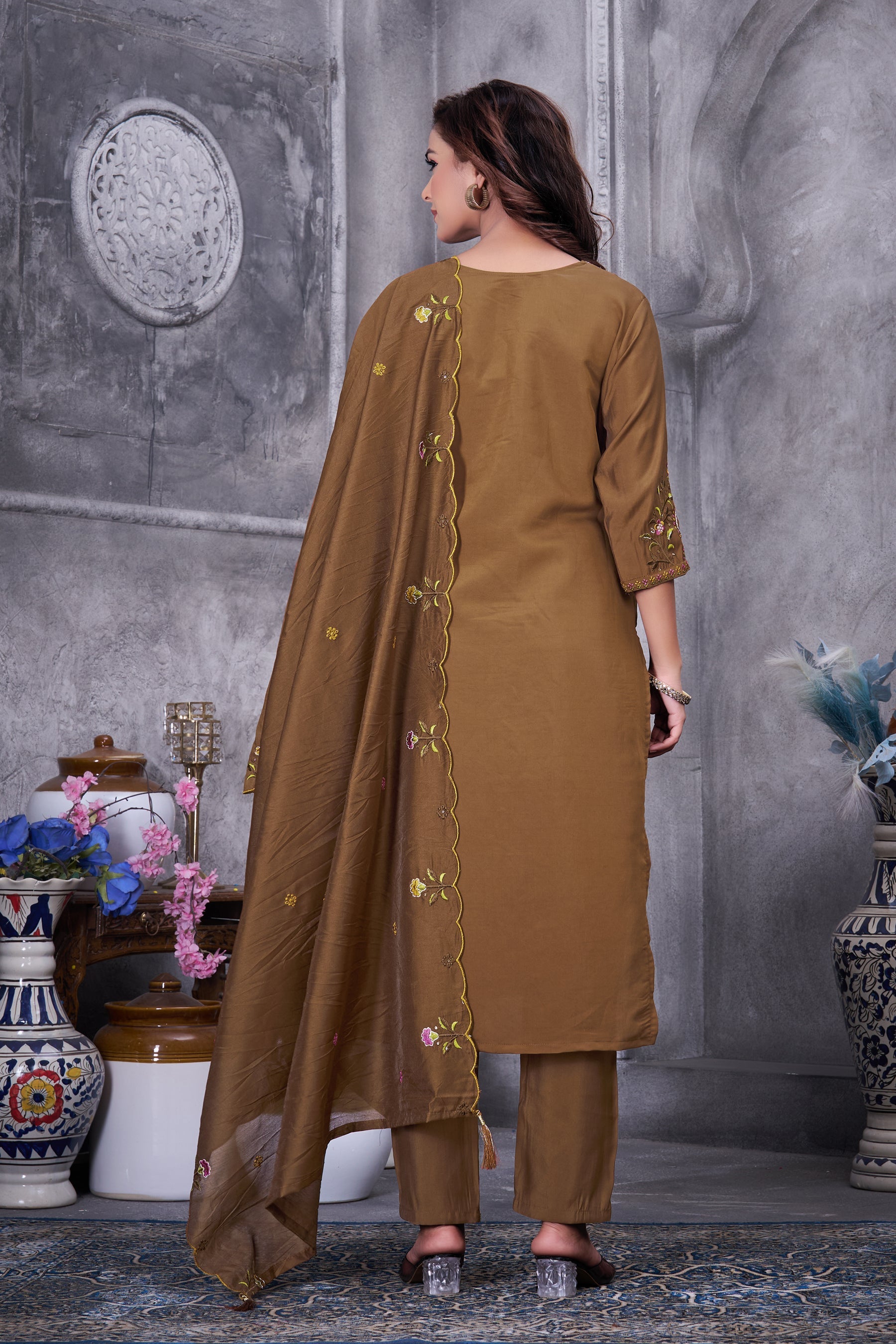 Lorenvalley Fashion Brown Roman Silk Multi Embroidery Thread With Hand Work Kurta Pant Dupatta