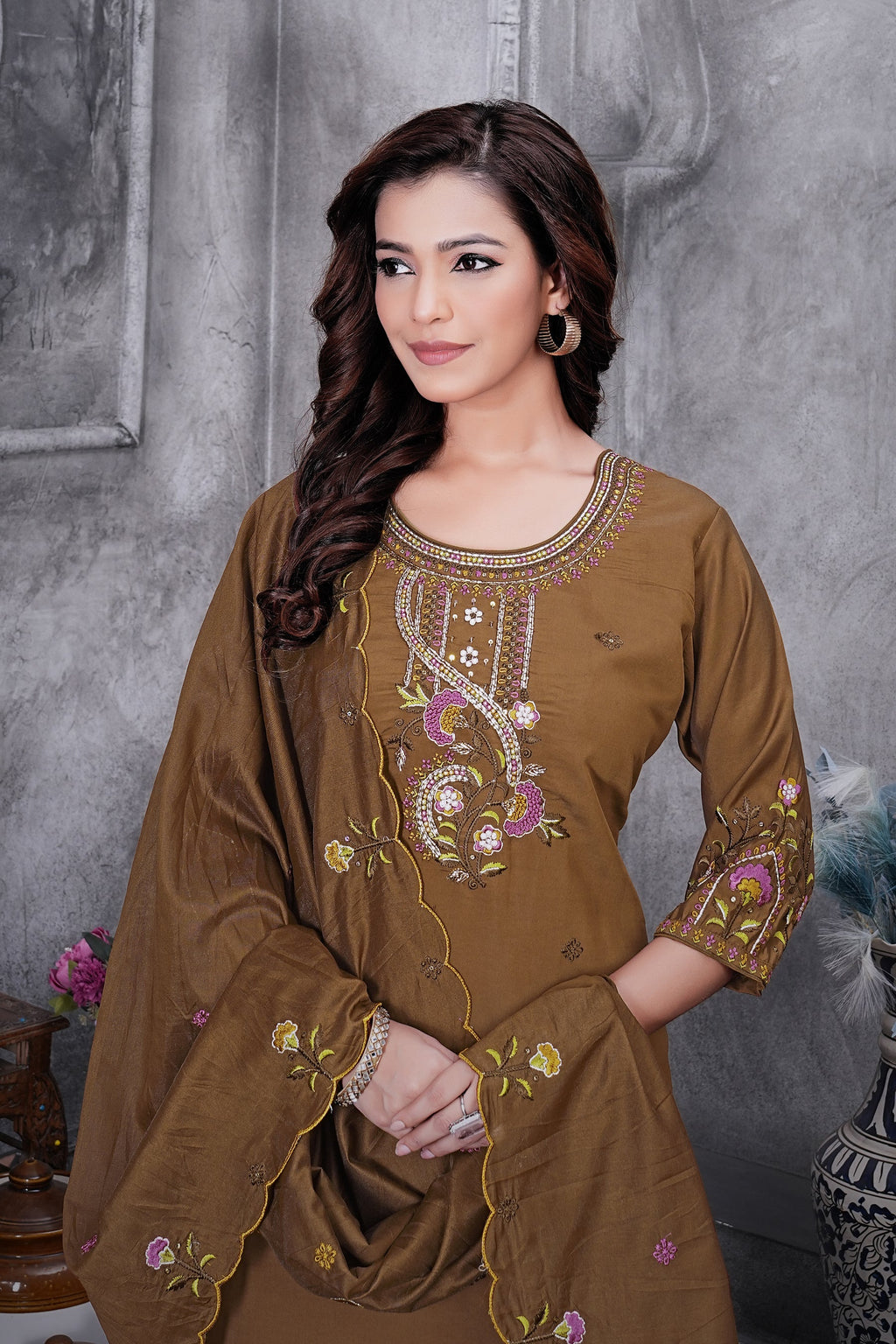 Lorenvalley Fashion Brown Roman Silk Multi Embroidery Thread With Hand Work Kurta Pant Dupatta