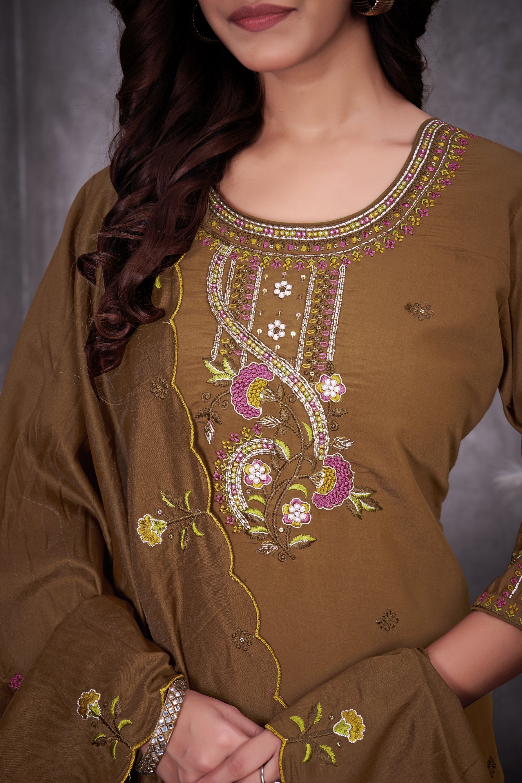 Lorenvalley Fashion Brown Roman Silk Multi Embroidery Thread With Hand Work Kurta Pant Dupatta