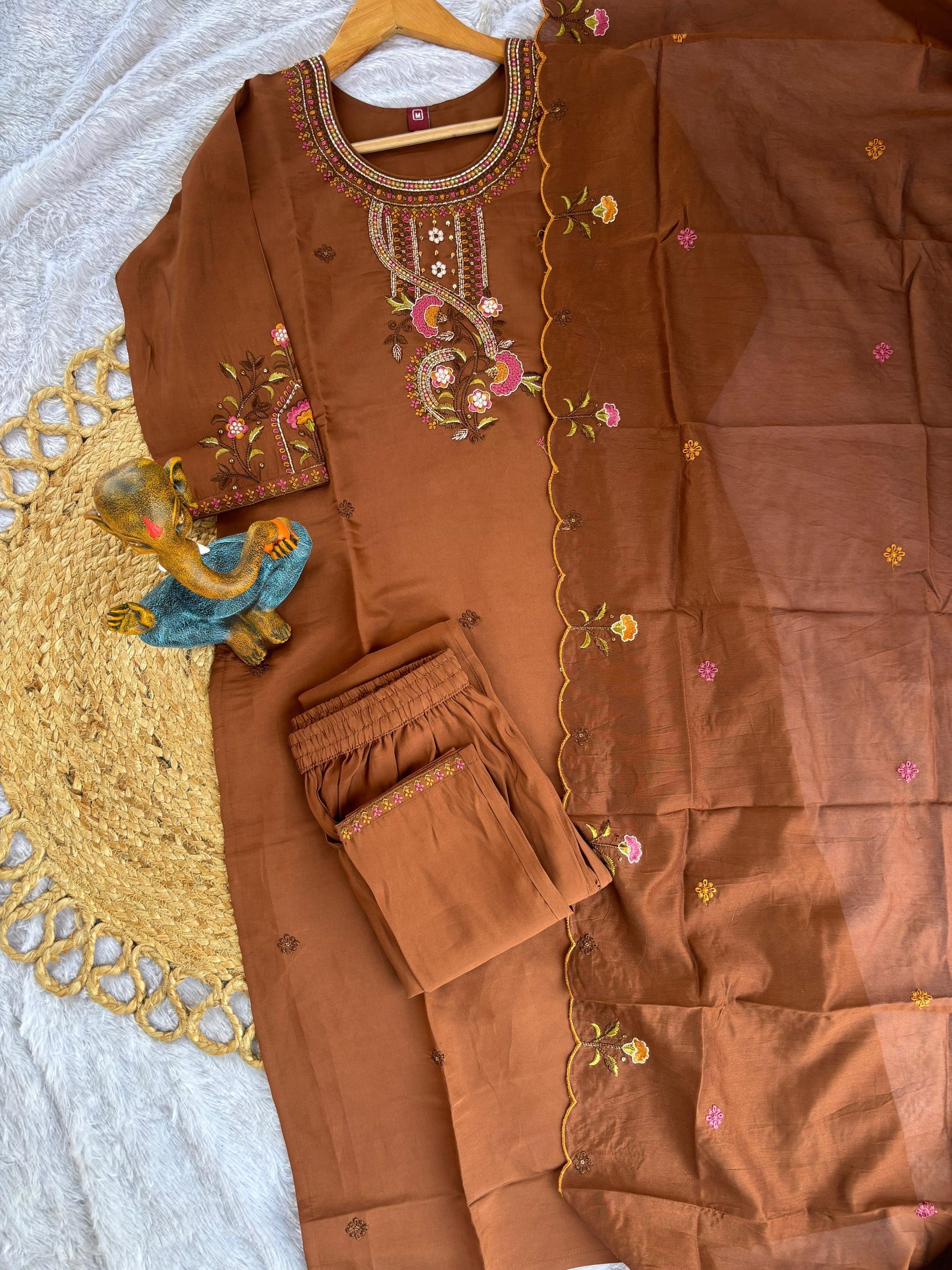 Lorenvalley Fashion Brown Roman Silk Multi Embroidery Thread With Hand Work Kurta Pant Dupatta