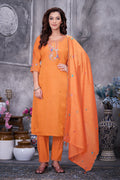 Lorenvalley Fashion Orange Roman Silk Multi Embroidery Thread With Hand Work Kurta Pant Dupatta