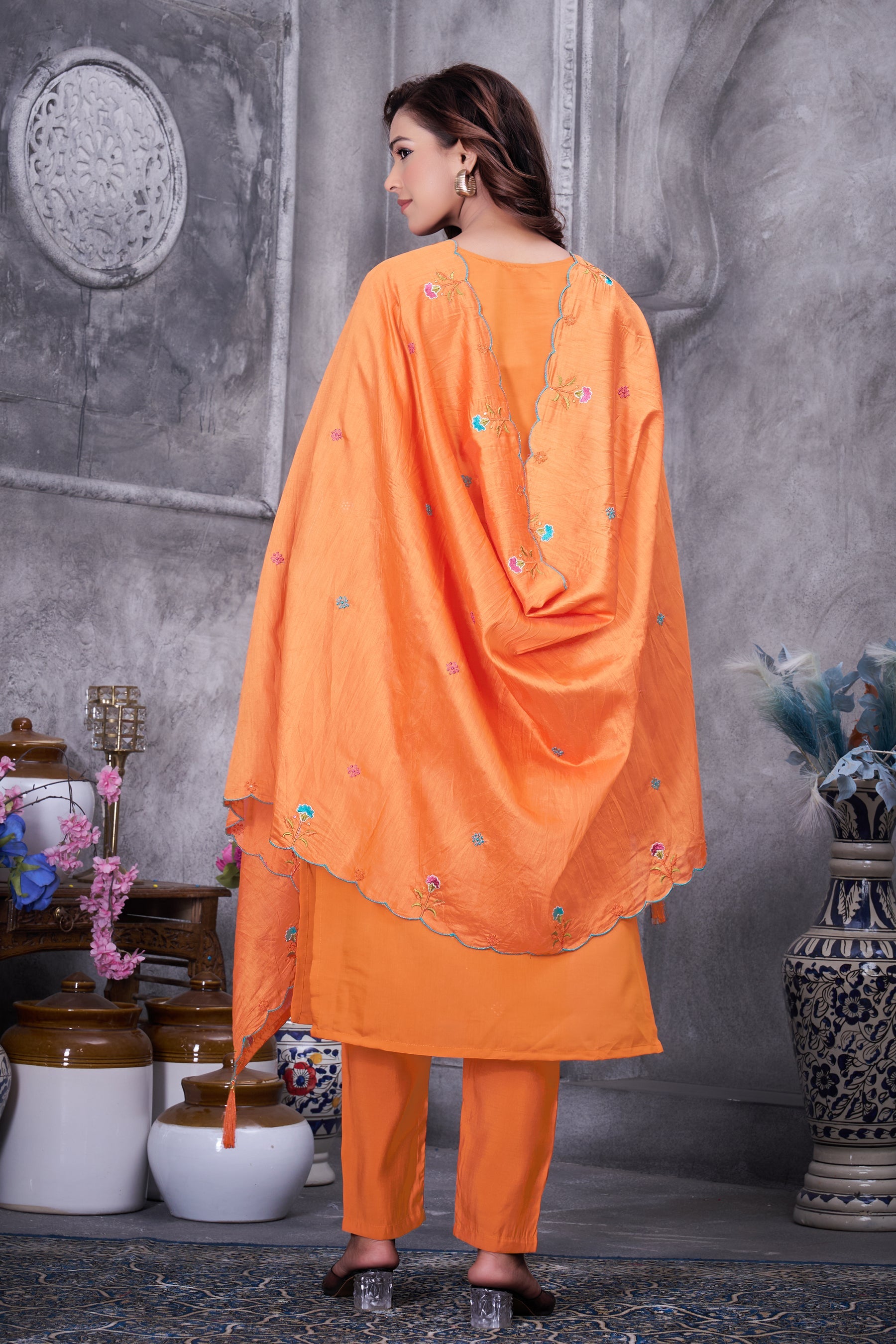 Lorenvalley Fashion Orange Roman Silk Multi Embroidery Thread With Hand Work Kurta Pant Dupatta