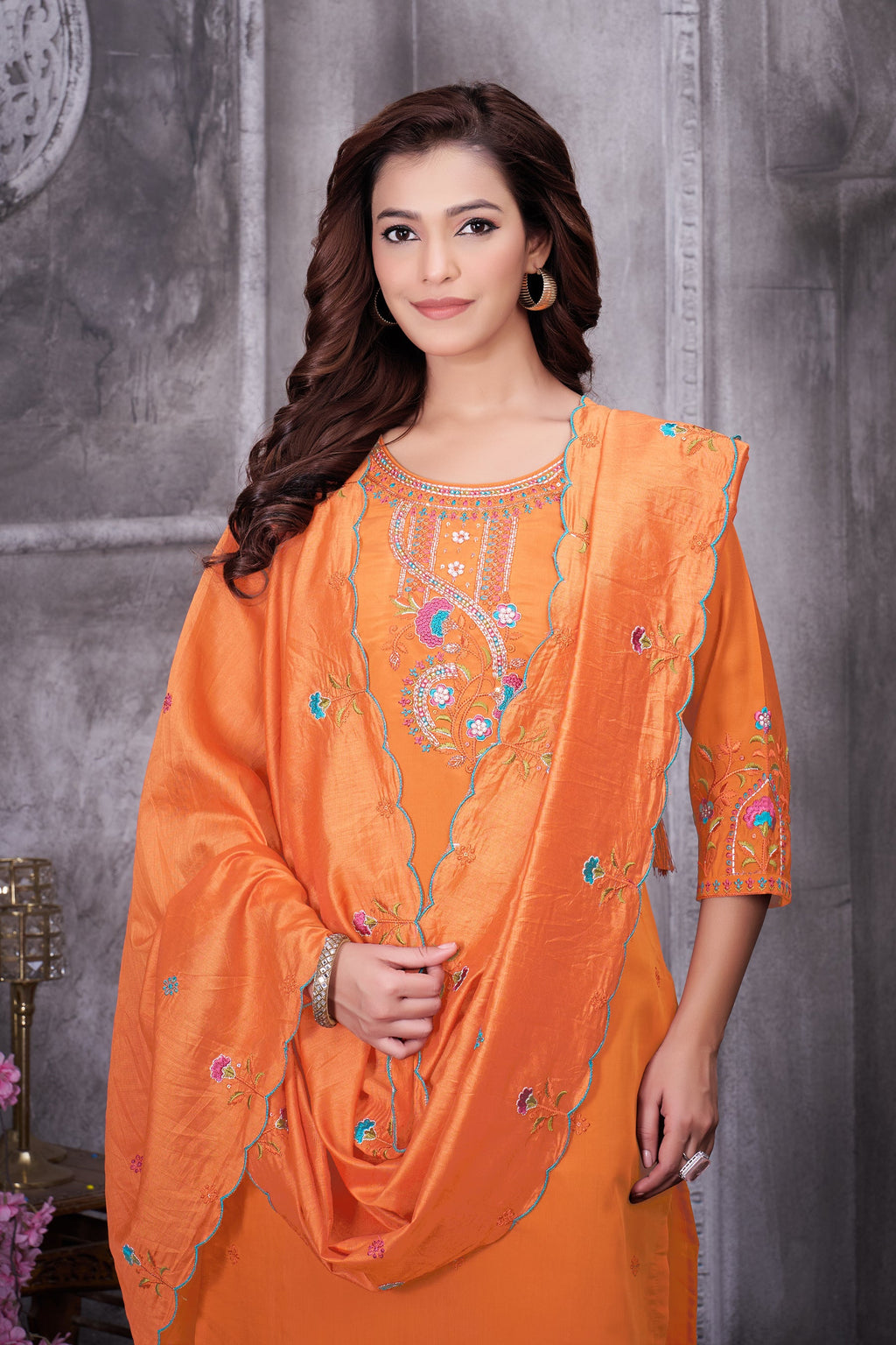 Lorenvalley Fashion Orange Roman Silk Multi Embroidery Thread With Hand Work Kurta Pant Dupatta
