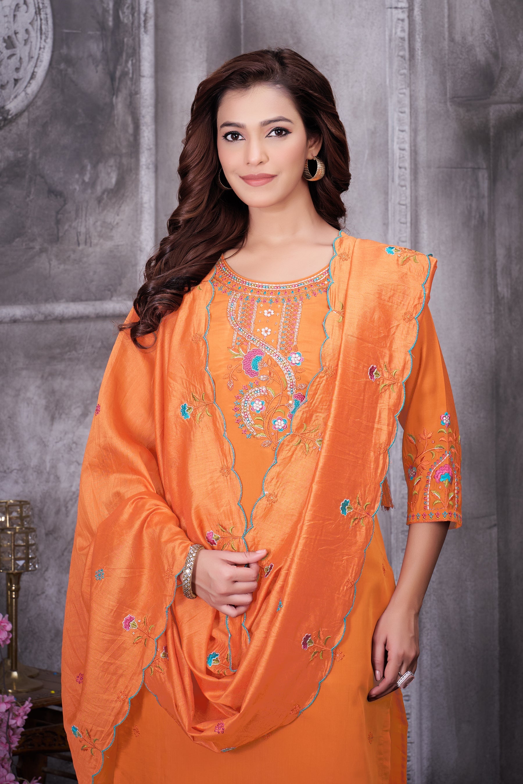 Lorenvalley Fashion Orange Roman Silk Multi Embroidery Thread With Hand Work Kurta Pant Dupatta