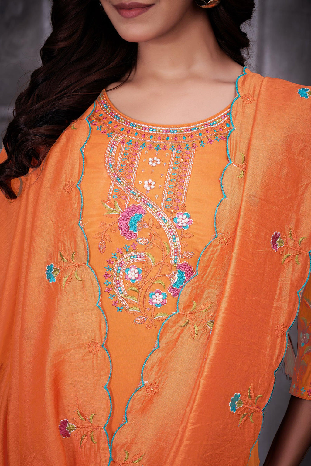 Lorenvalley Fashion Orange Roman Silk Multi Embroidery Thread With Hand Work Kurta Pant Dupatta