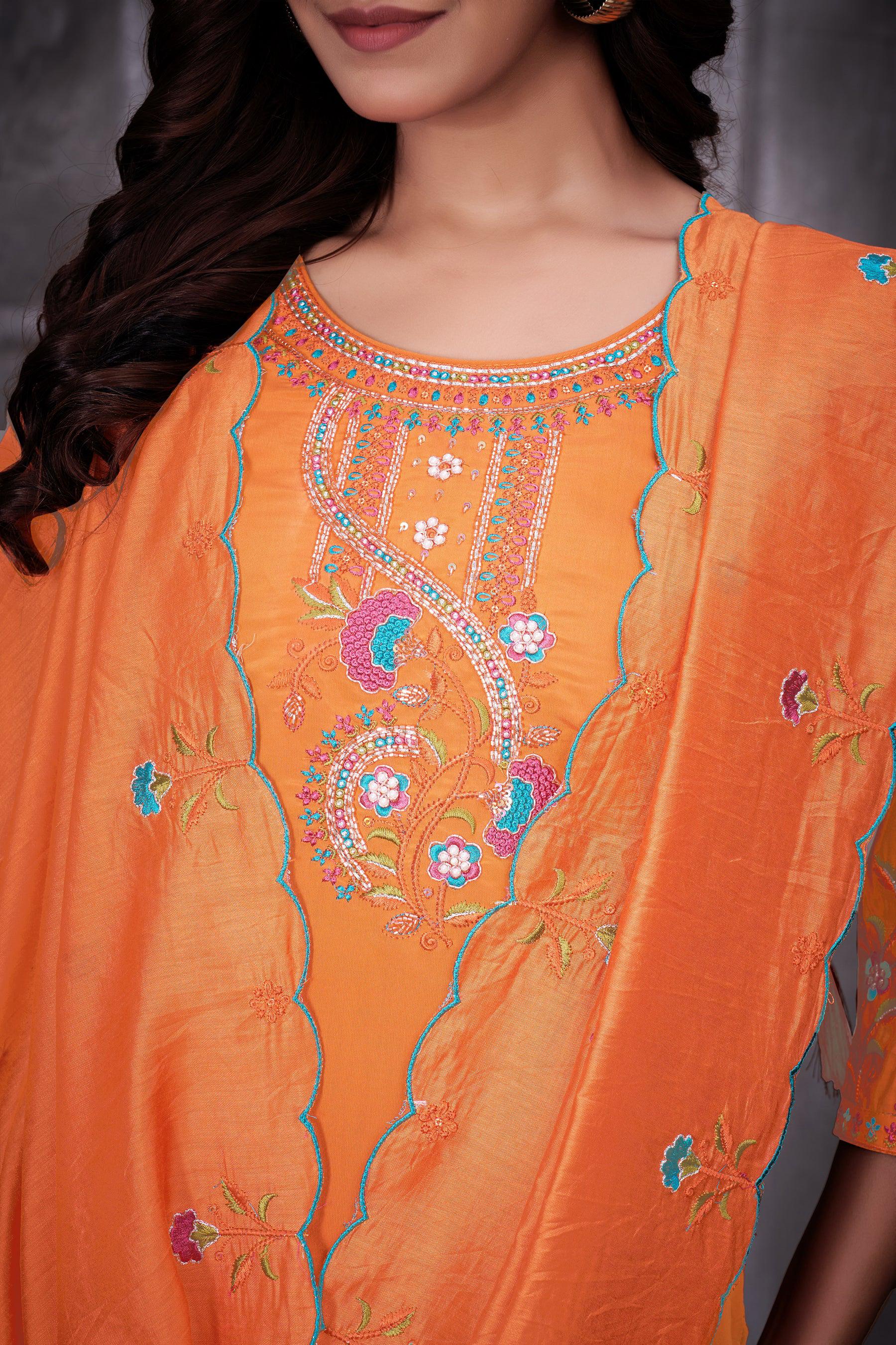 Lorenvalley Fashion Orange Roman Silk Multi Embroidery Thread With Hand Work Kurta Pant Dupatta
