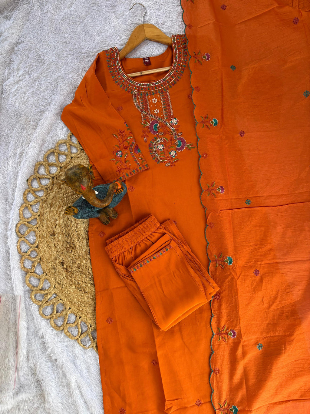 Lorenvalley Fashion Orange Roman Silk Multi Embroidery Thread With Hand Work Kurta Pant Dupatta