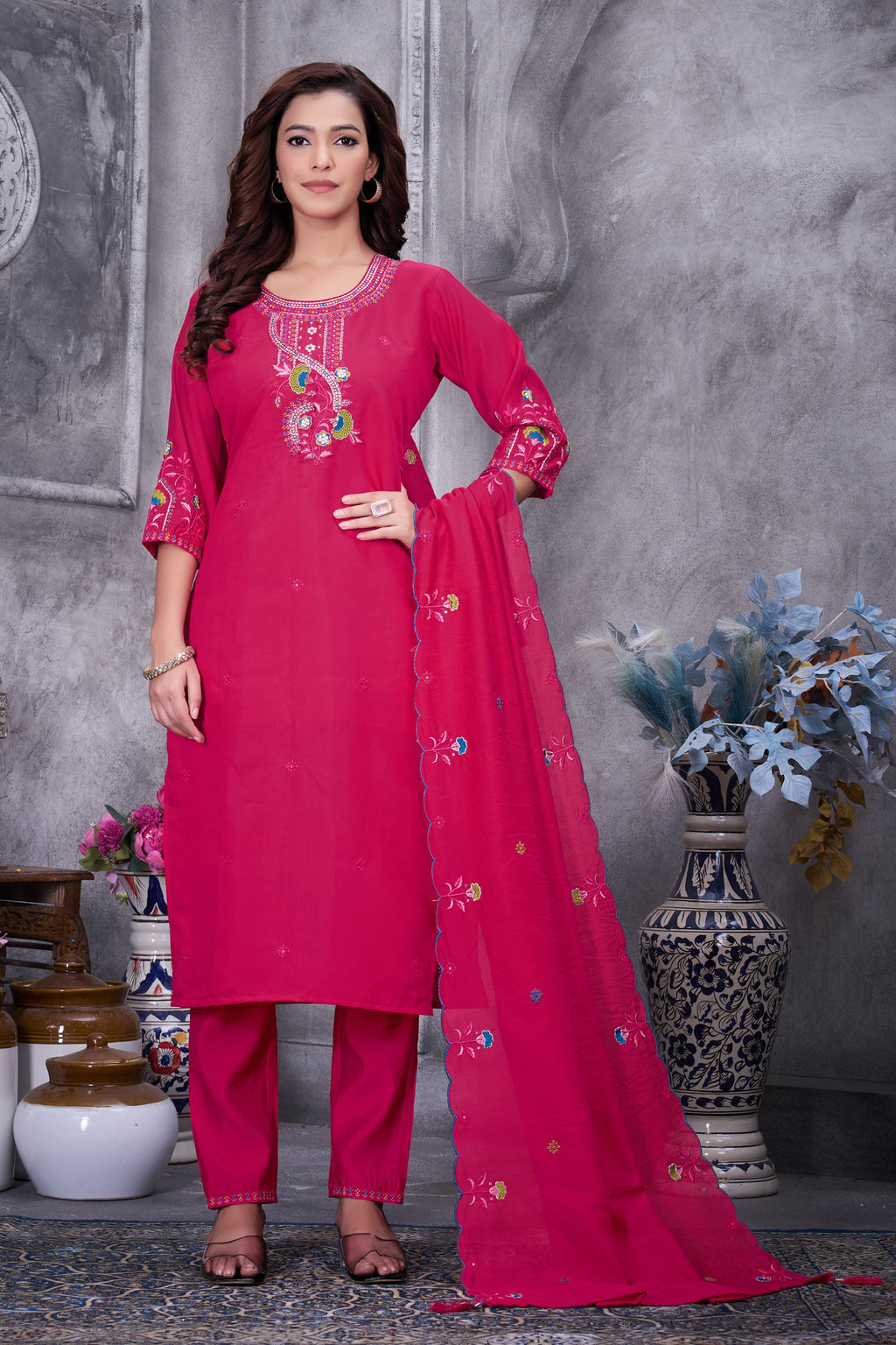 Lorenvalley Fashion Ranipink Roman Silk Multi Embroidery Thread With Hand Work Kurta Pant Dupatta