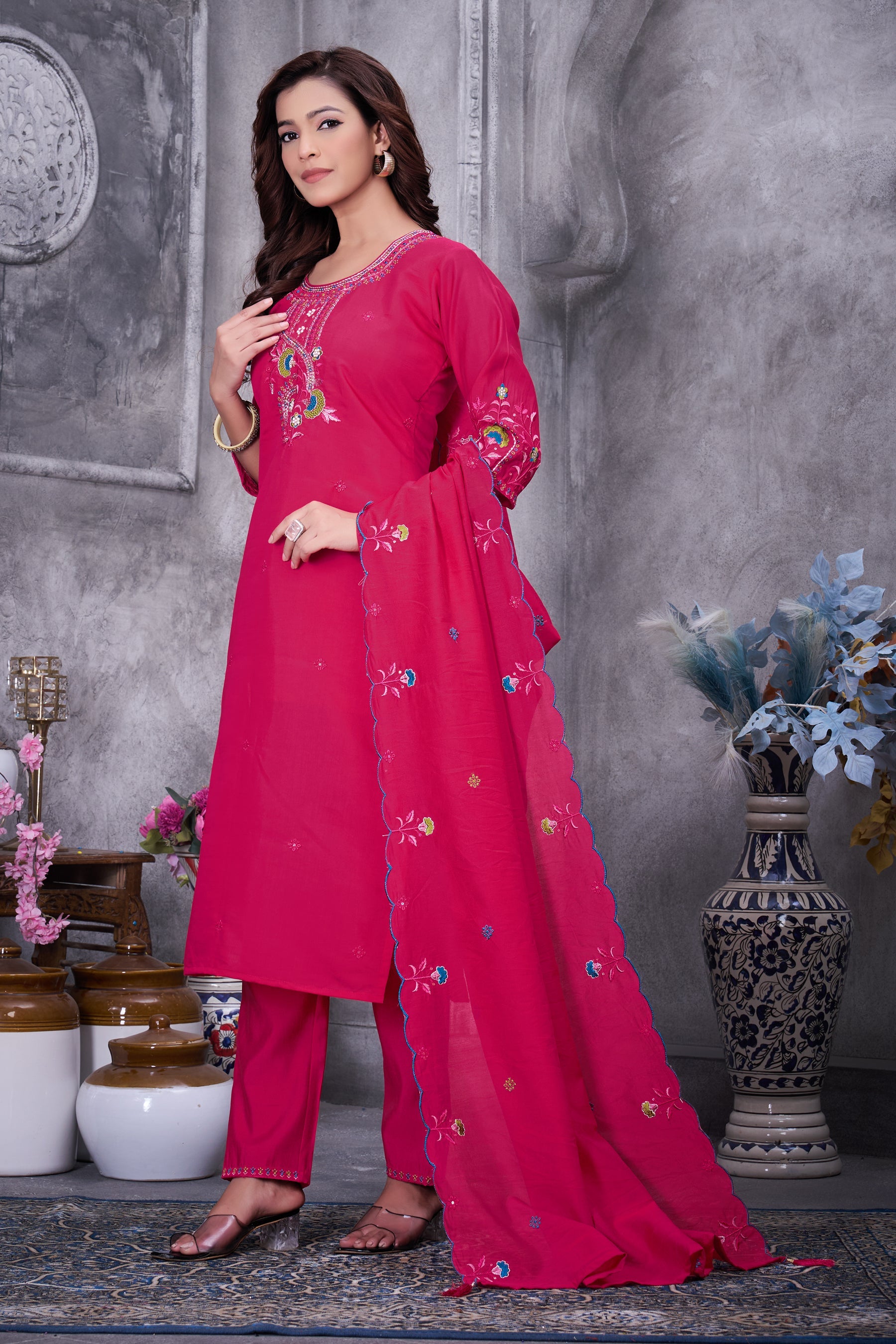 Lorenvalley Fashion Ranipink Roman Silk Multi Embroidery Thread With Hand Work Kurta Pant Dupatta