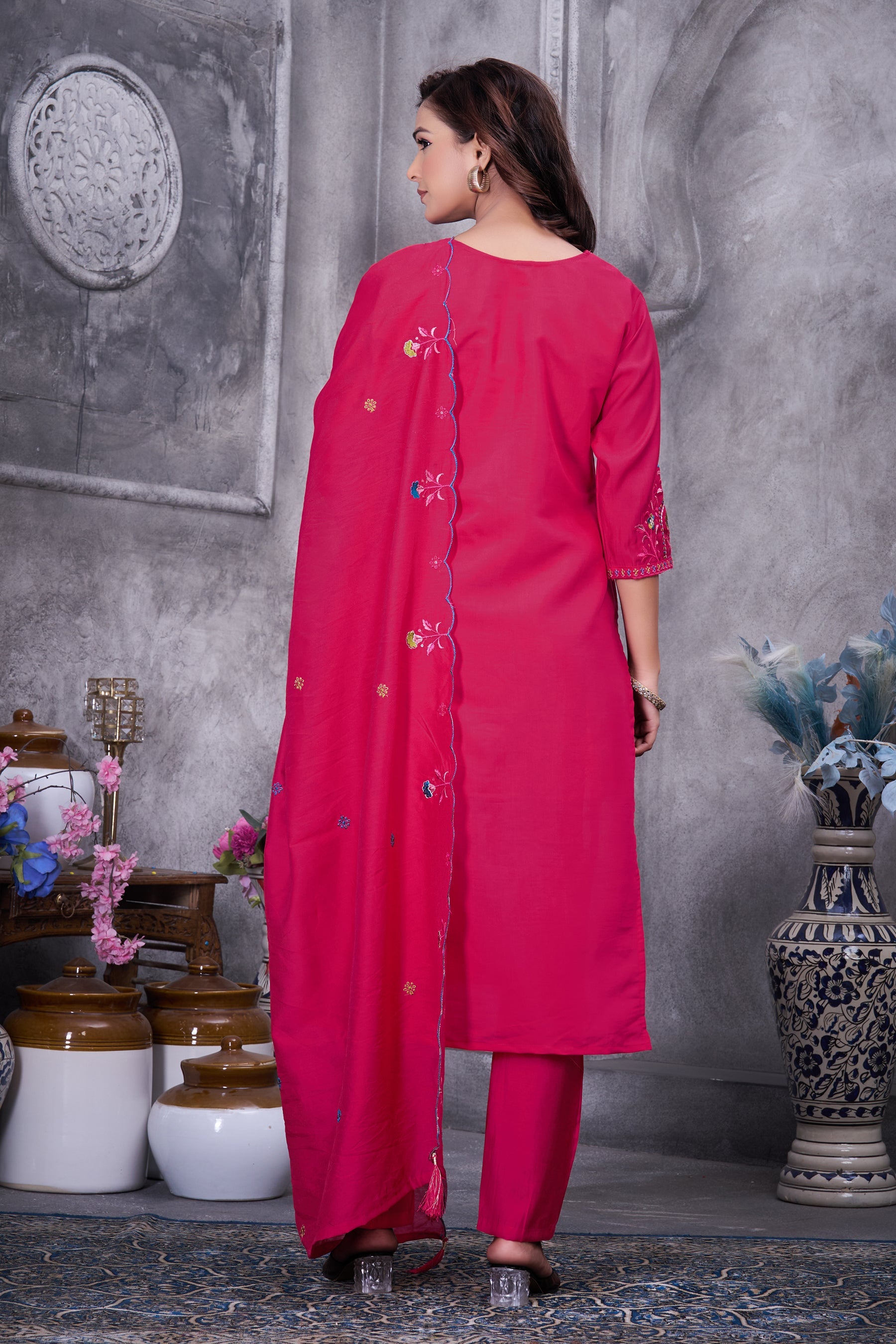 Lorenvalley Fashion Ranipink Roman Silk Multi Embroidery Thread With Hand Work Kurta Pant Dupatta