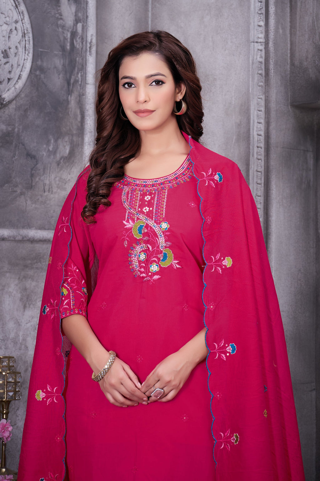 Lorenvalley Fashion Ranipink Roman Silk Multi Embroidery Thread With Hand Work Kurta Pant Dupatta