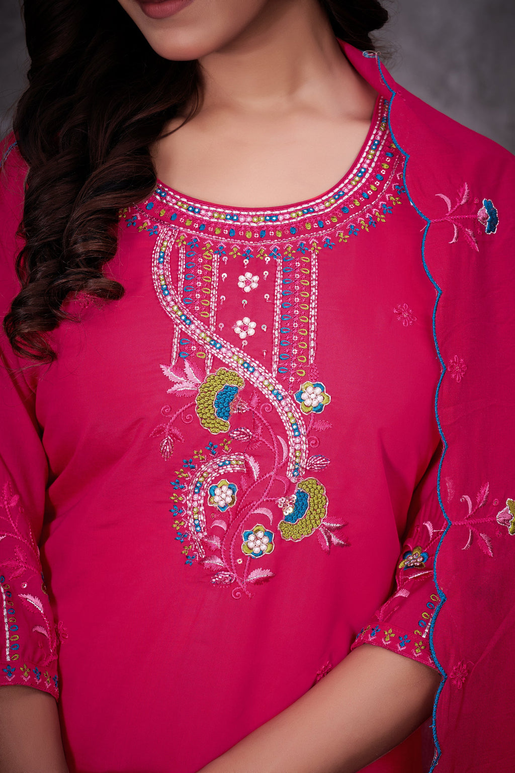Lorenvalley Fashion Ranipink Roman Silk Multi Embroidery Thread With Hand Work Kurta Pant Dupatta