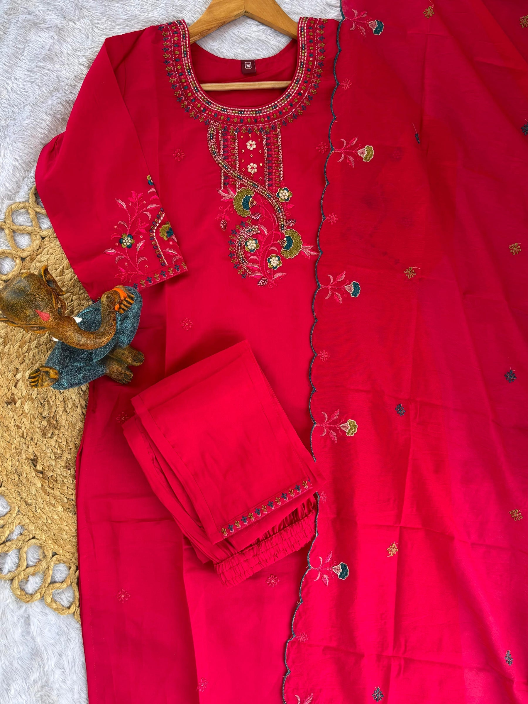 Lorenvalley Fashion Ranipink Roman Silk Multi Embroidery Thread With Hand Work Kurta Pant Dupatta