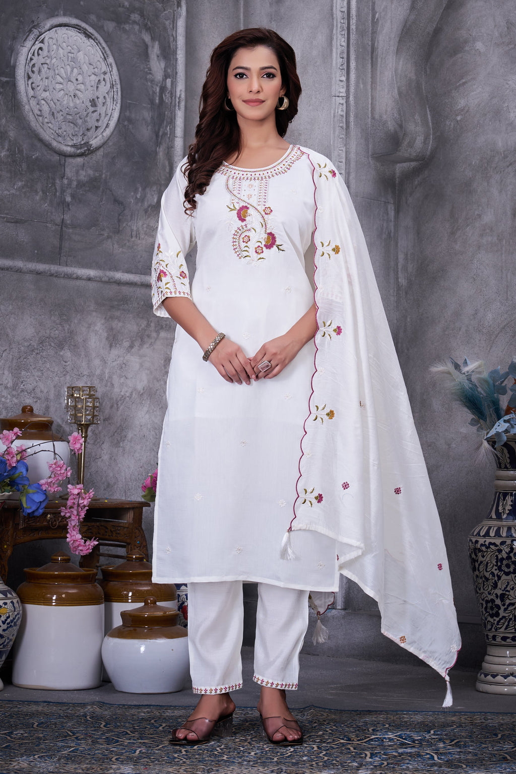 Lorenvalley Fashion White Roman Silk Multi Embroidery Thread With Hand Work Kurta Pant Dupatta