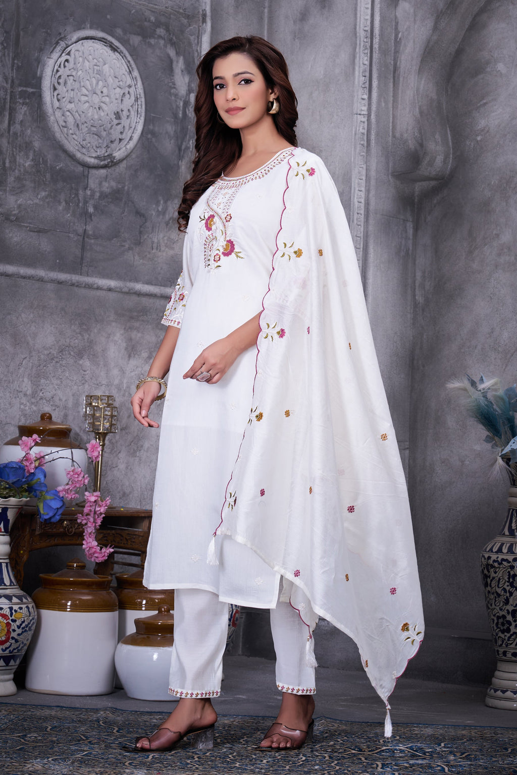 Lorenvalley Fashion White Roman Silk Multi Embroidery Thread With Hand Work Kurta Pant Dupatta
