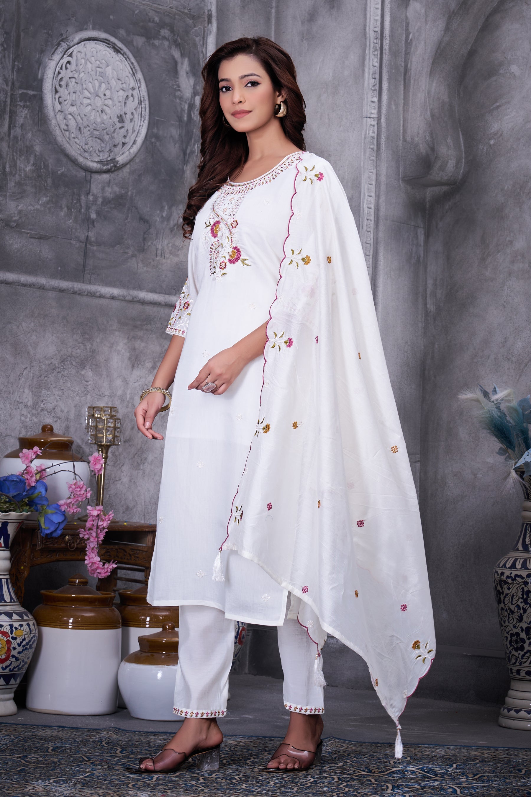 Lorenvalley Fashion White Roman Silk Multi Embroidery Thread With Hand Work Kurta Pant Dupatta