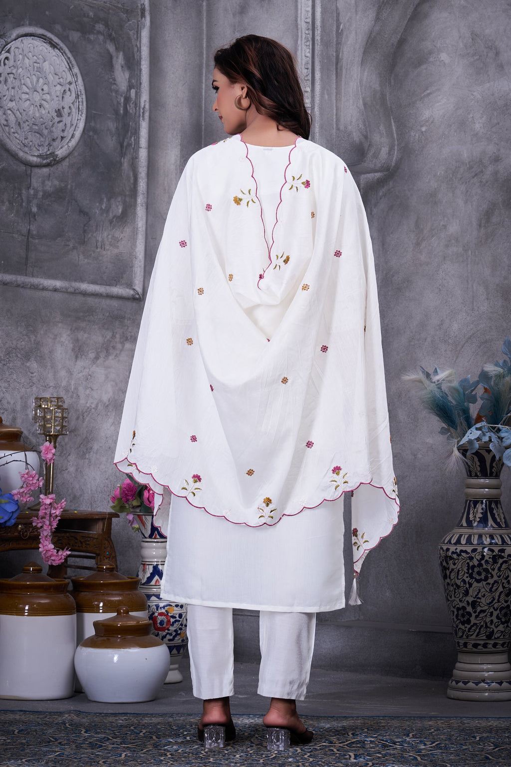 Lorenvalley Fashion White Roman Silk Multi Embroidery Thread With Hand Work Kurta Pant Dupatta