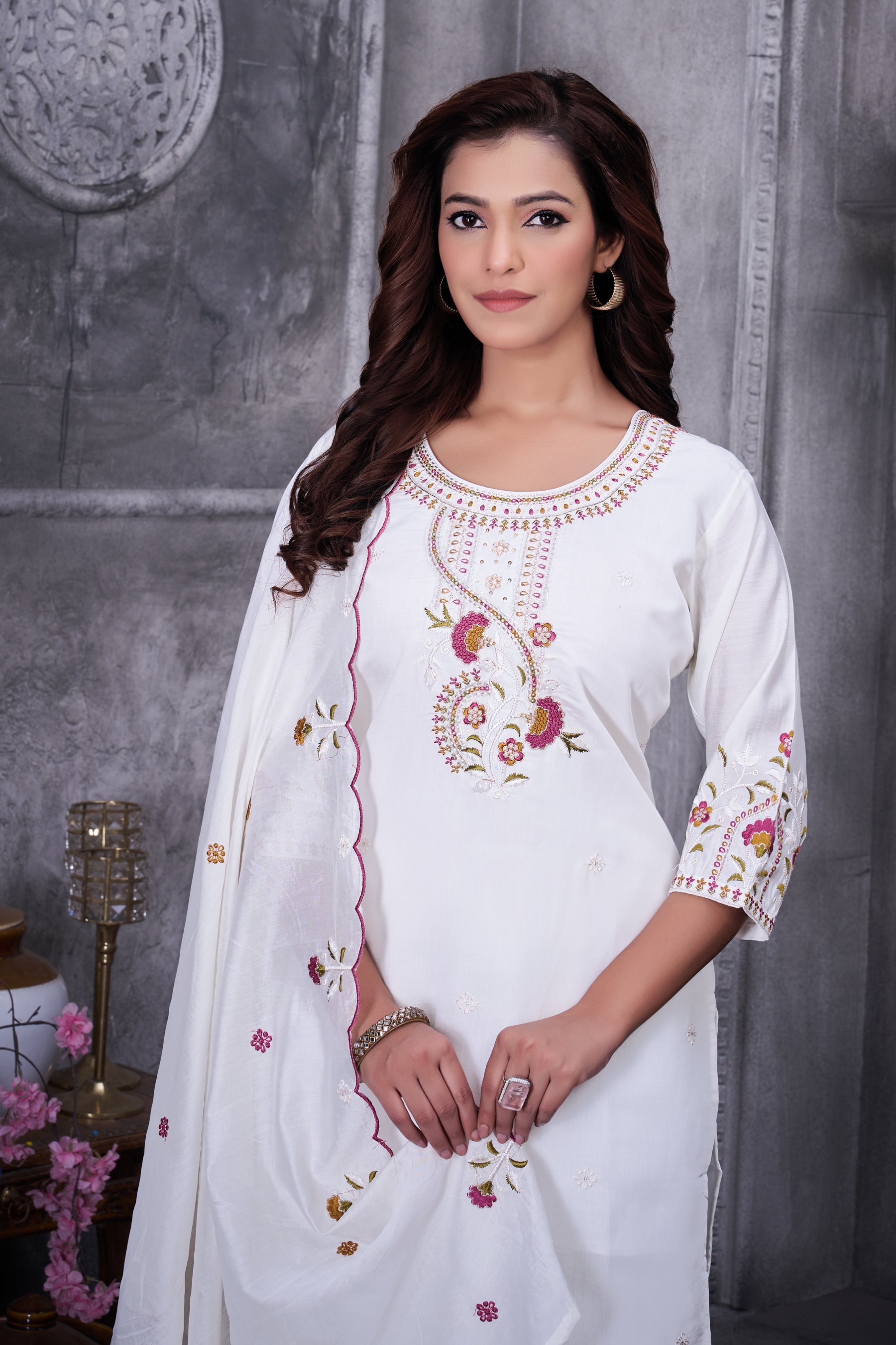Lorenvalley Fashion White Roman Silk Multi Embroidery Thread With Hand Work Kurta Pant Dupatta
