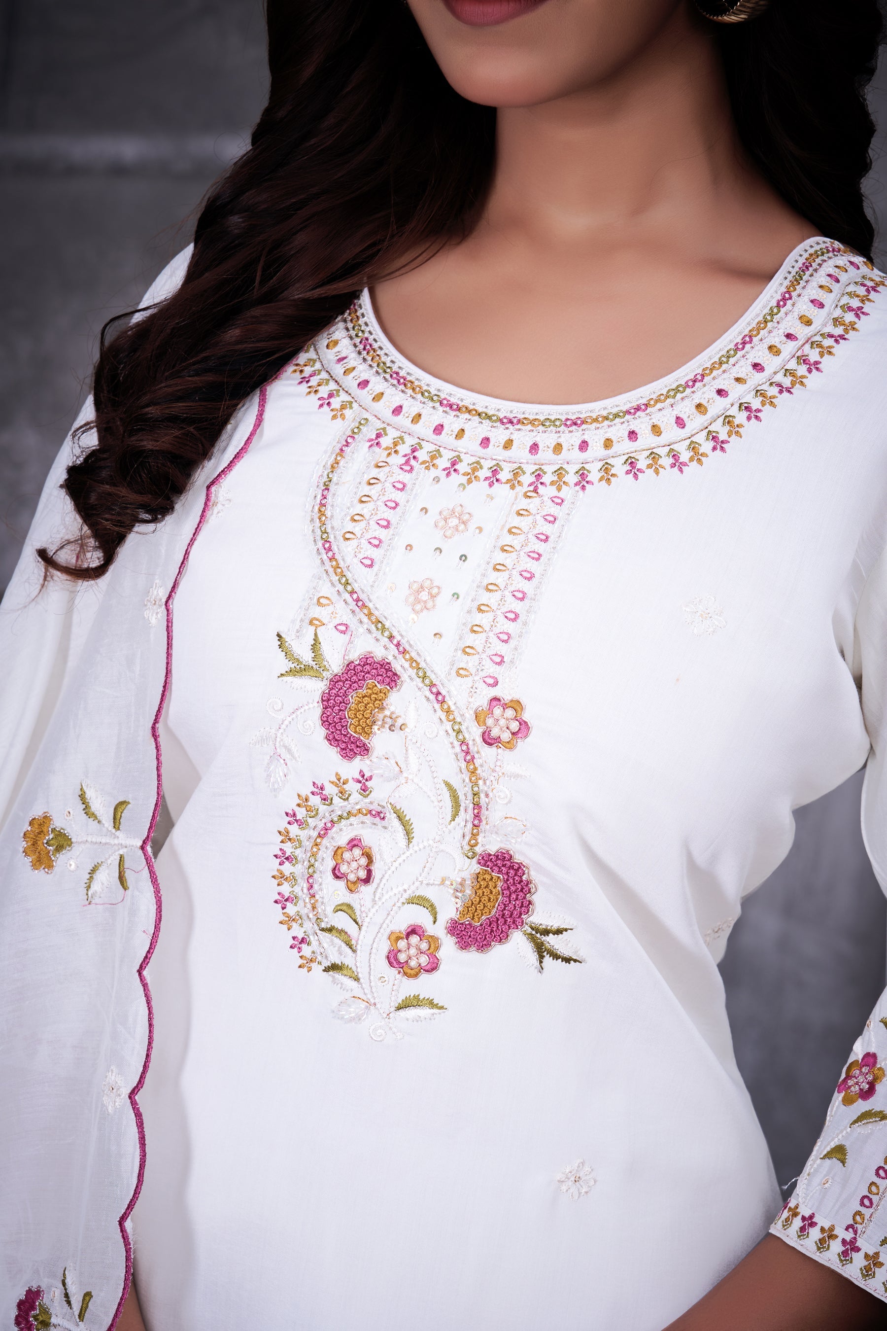 Lorenvalley Fashion White Roman Silk Multi Embroidery Thread With Hand Work Kurta Pant Dupatta