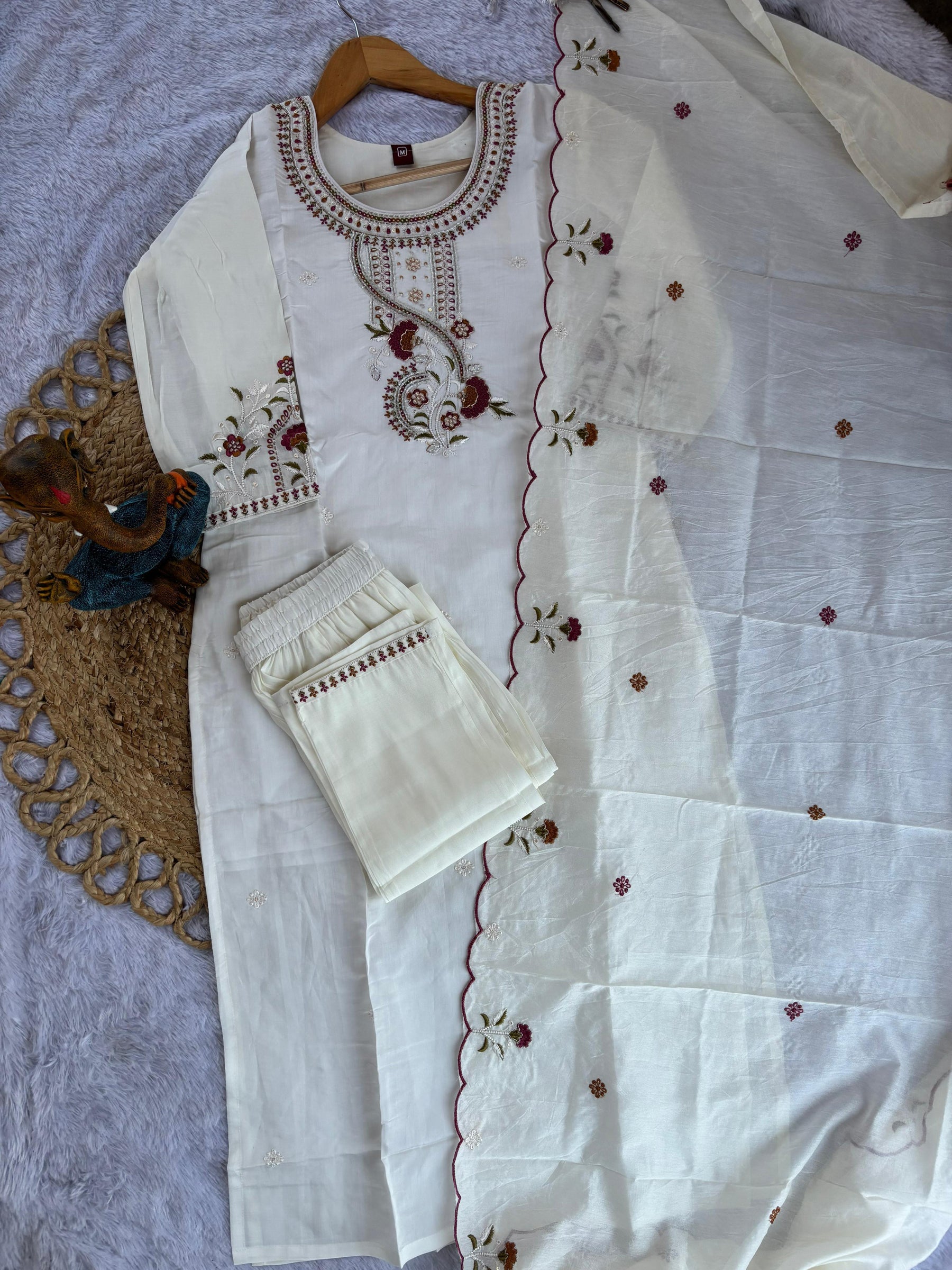 Lorenvalley Fashion White Roman Silk Multi Embroidery Thread With Hand Work Kurta Pant Dupatta