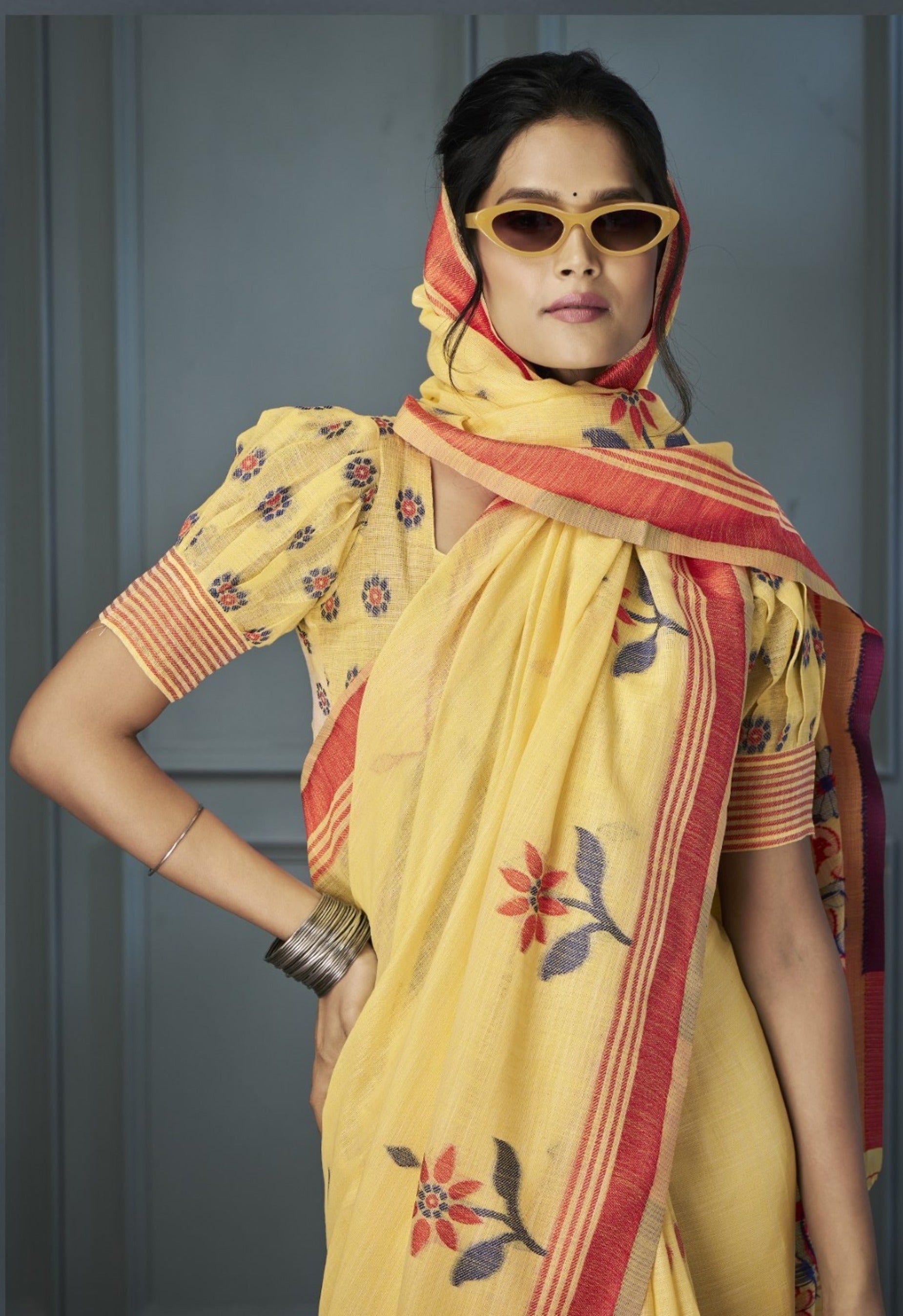 Anaita Yellow Designer Weaving Handloom Linen Saree With Blouse