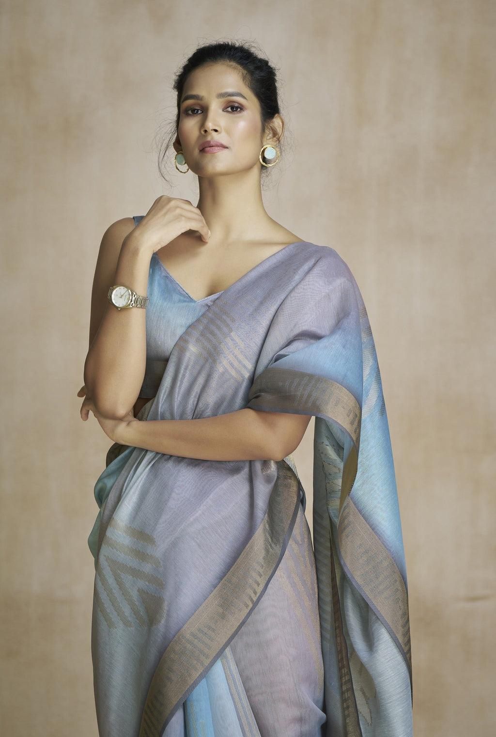 Anaita Dark Grey Fancy Fabric With Digital Print Saree With Blouse