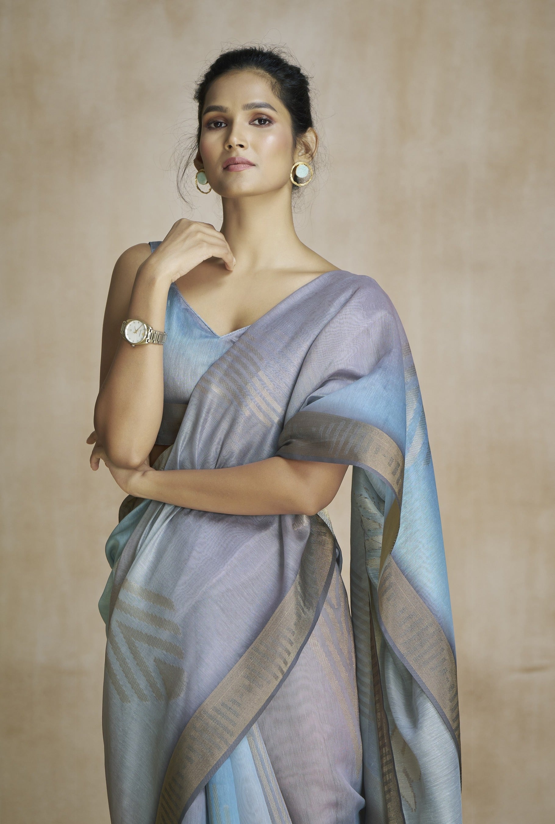 Anaita Dark Grey Fancy Fabric With Digital Print Saree With Blouse