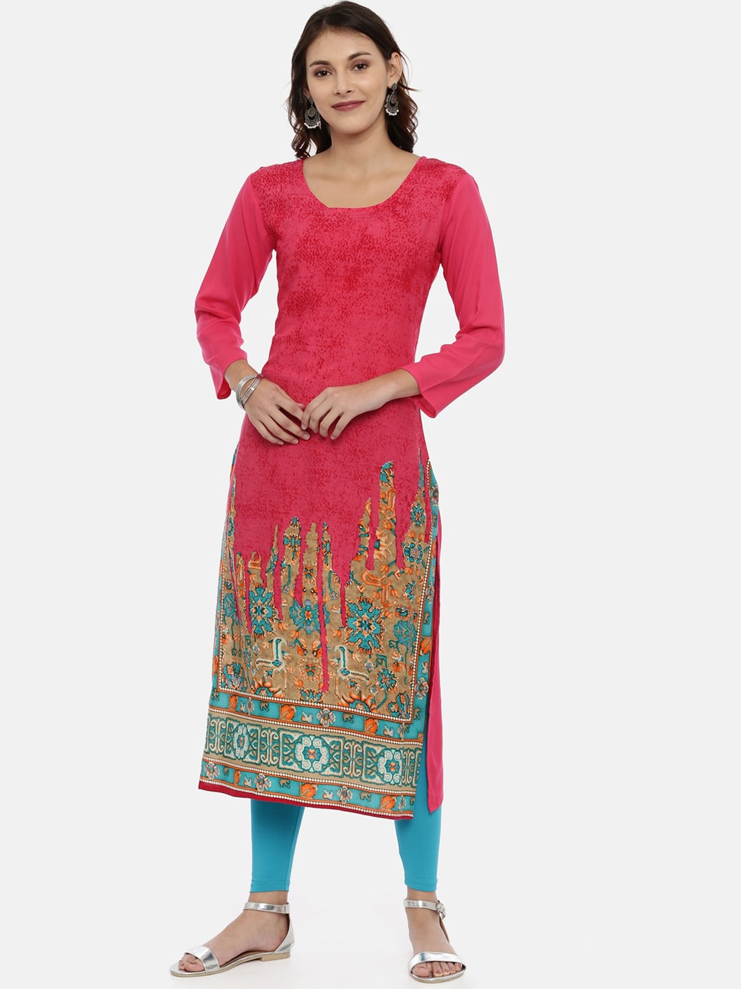 Souchii Pink & Mustard Yellow Printed Straight Kurta