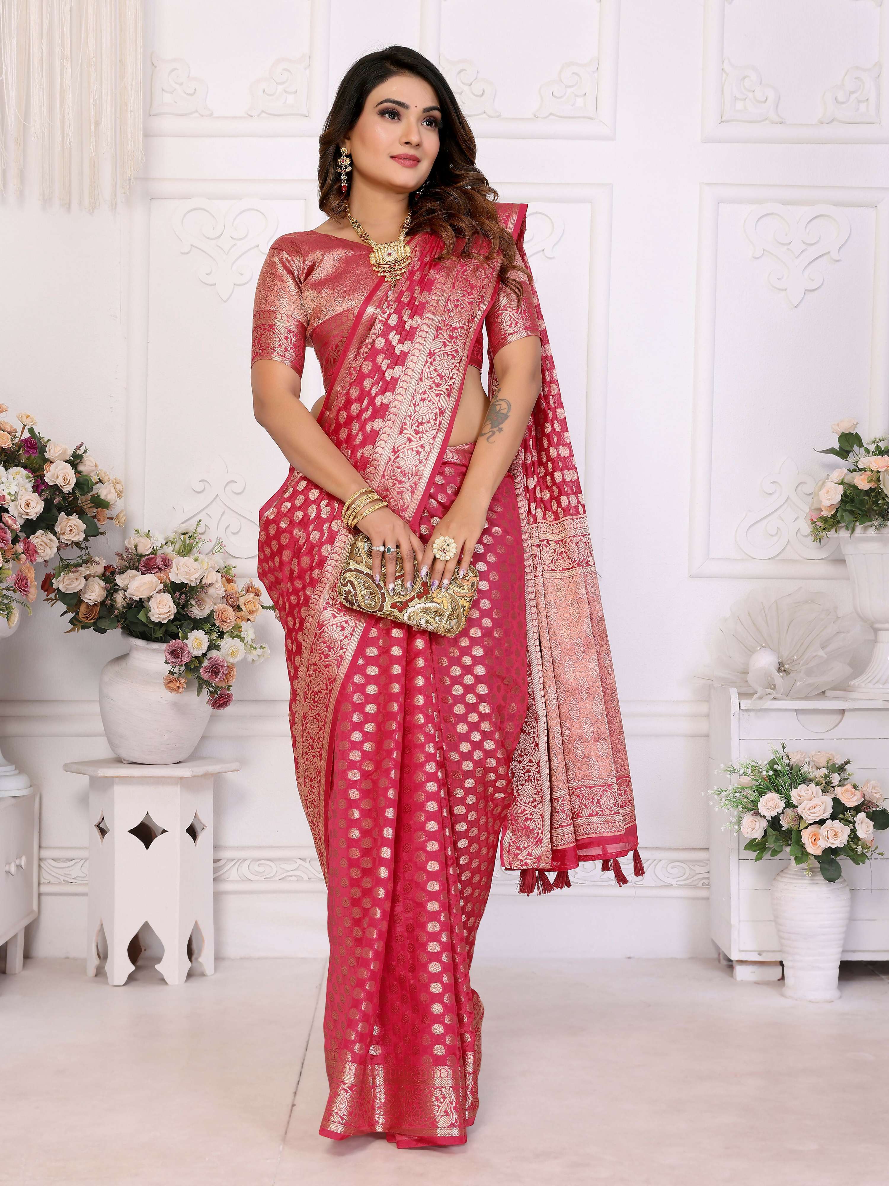 Aastha Fashion Magenta Organza Silk Weaving Saree
