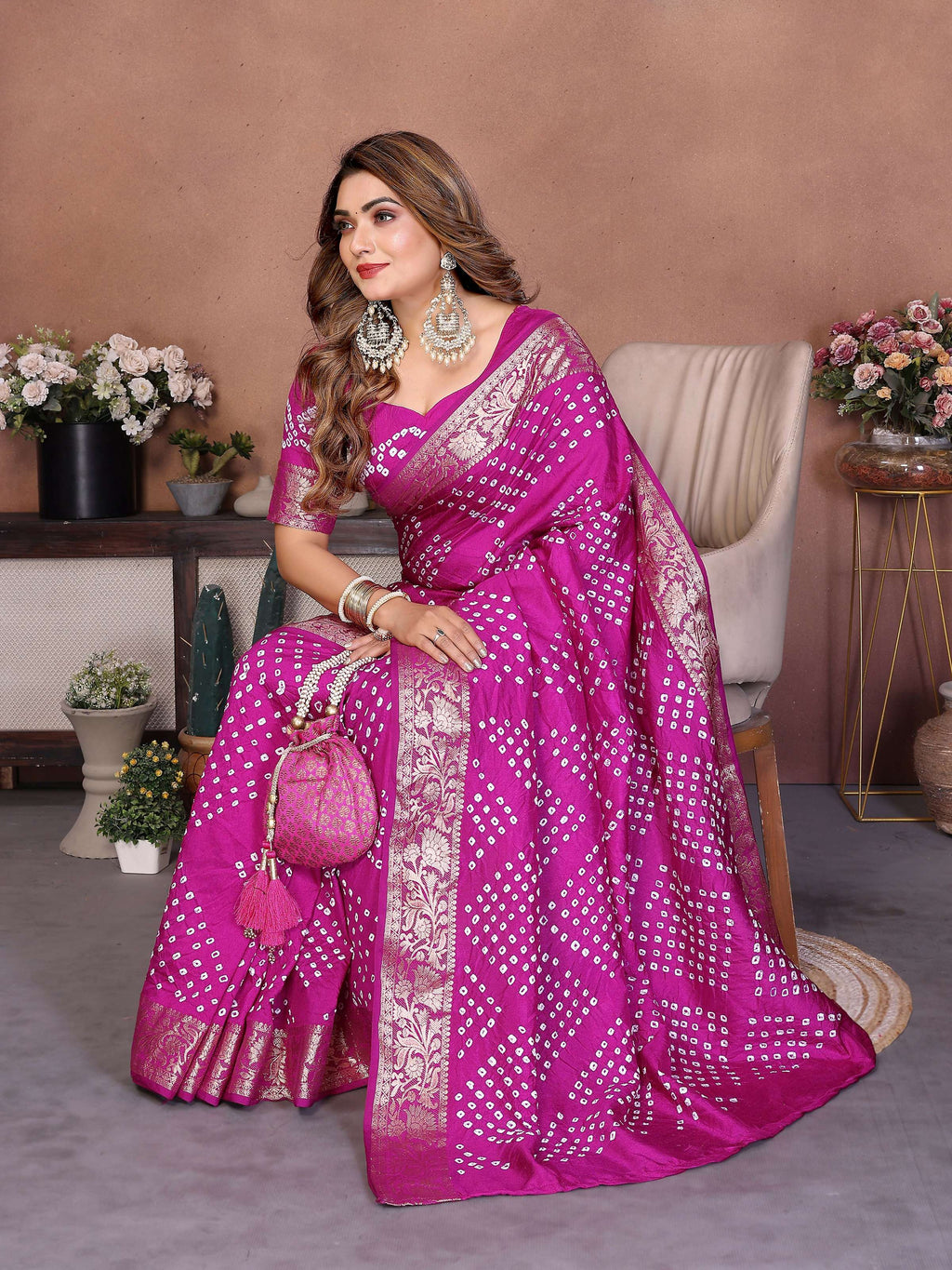 Aastha Fashion Magenta Pure Dola Silk Handmade Original Bandhej Saree