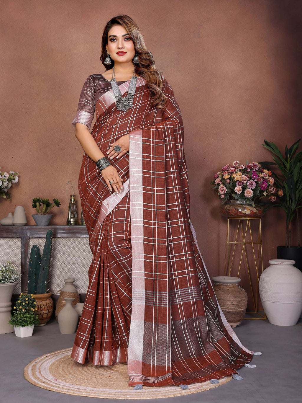 Aastha Fashion Brown Linen Weaving Saree