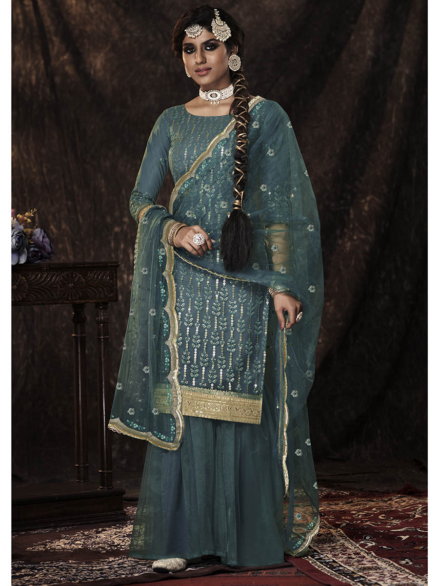 Myra Dark Firozi Net Embroidered Sharara Suit