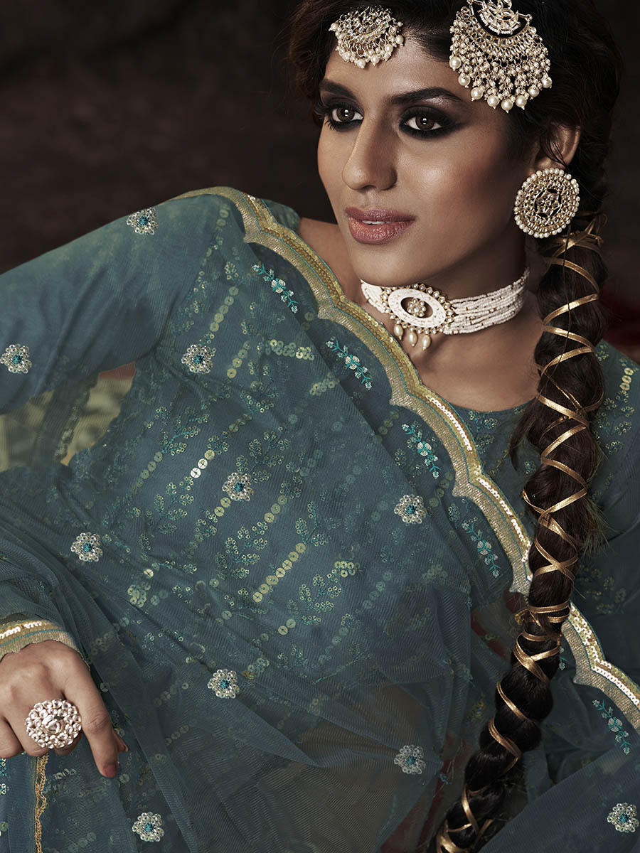 Myra Dark Firozi Net Embroidered Sharara Suit