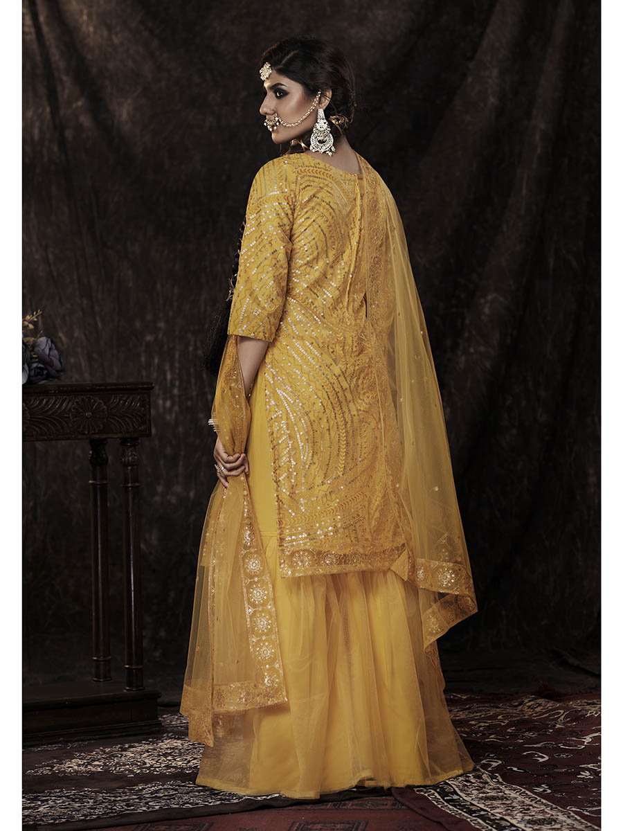 Myra Mustard Net Embroidered Sharara Suit