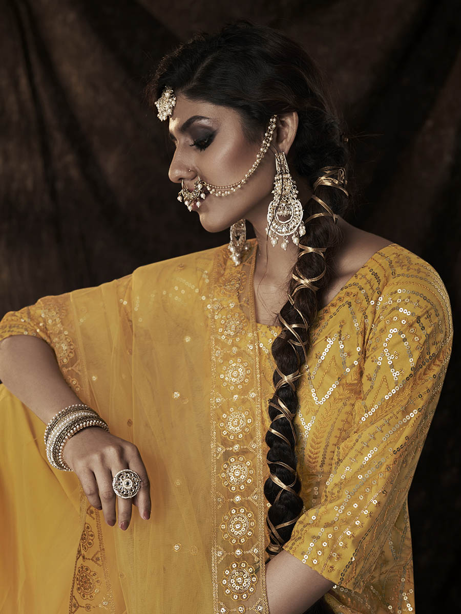 Myra Mustard Net Embroidered Sharara Suit