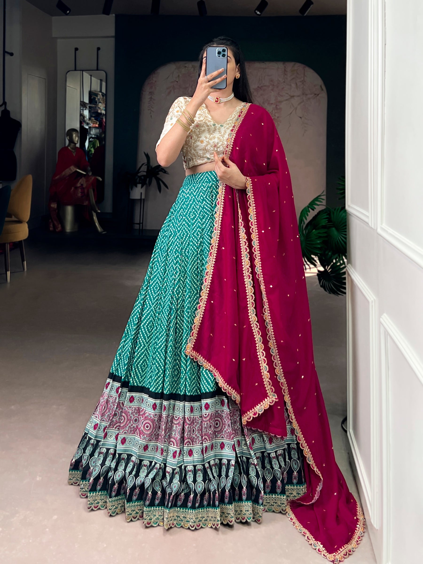 Lorenvalley Fashion Bottlegreen Rayon Bandhej and Ajarakh Print with Sequins and Thread Embroidery Lehenga Choli with Dupatta