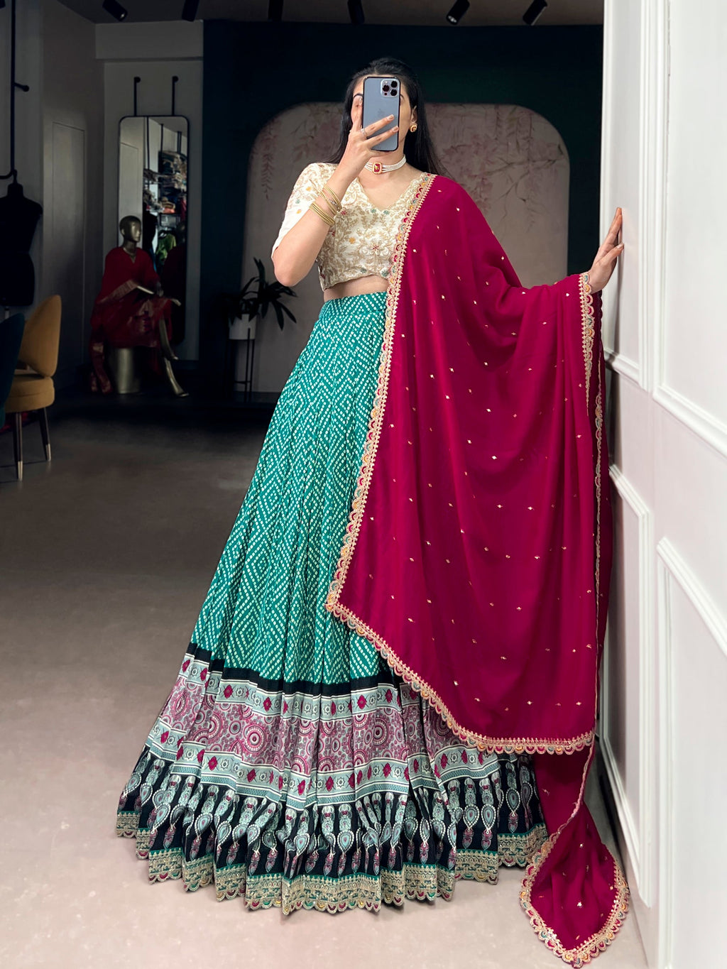Lorenvalley Fashion Bottlegreen Rayon Bandhej and Ajarakh Print with Sequins and Thread Embroidery Lehenga Choli with Dupatta