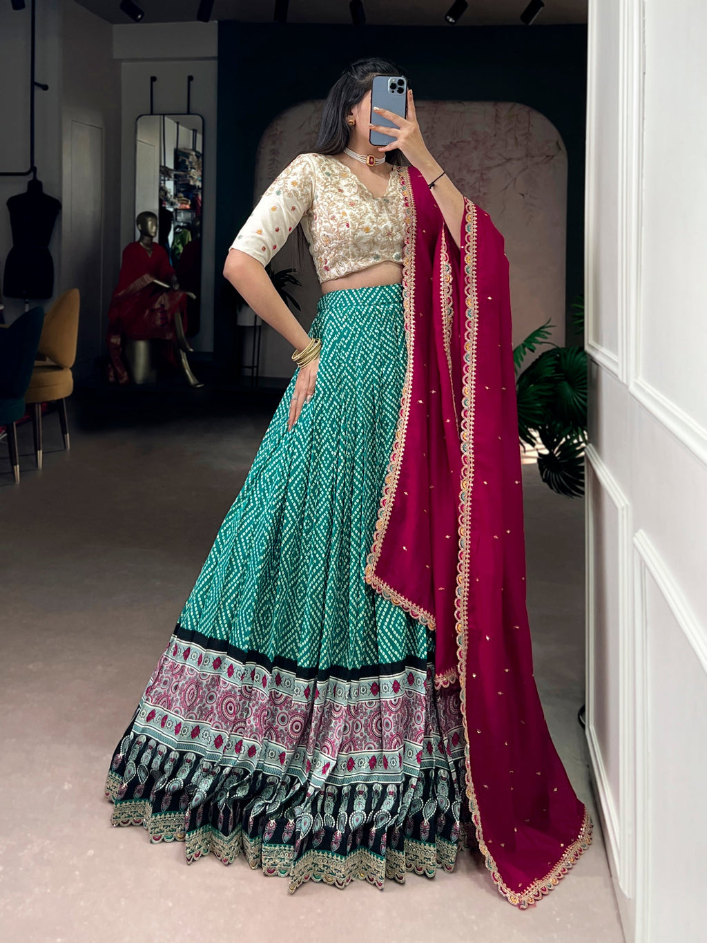 Lorenvalley Fashion Bottlegreen Rayon Bandhej and Ajarakh Print with Sequins and Thread Embroidery Lehenga Choli with Dupatta