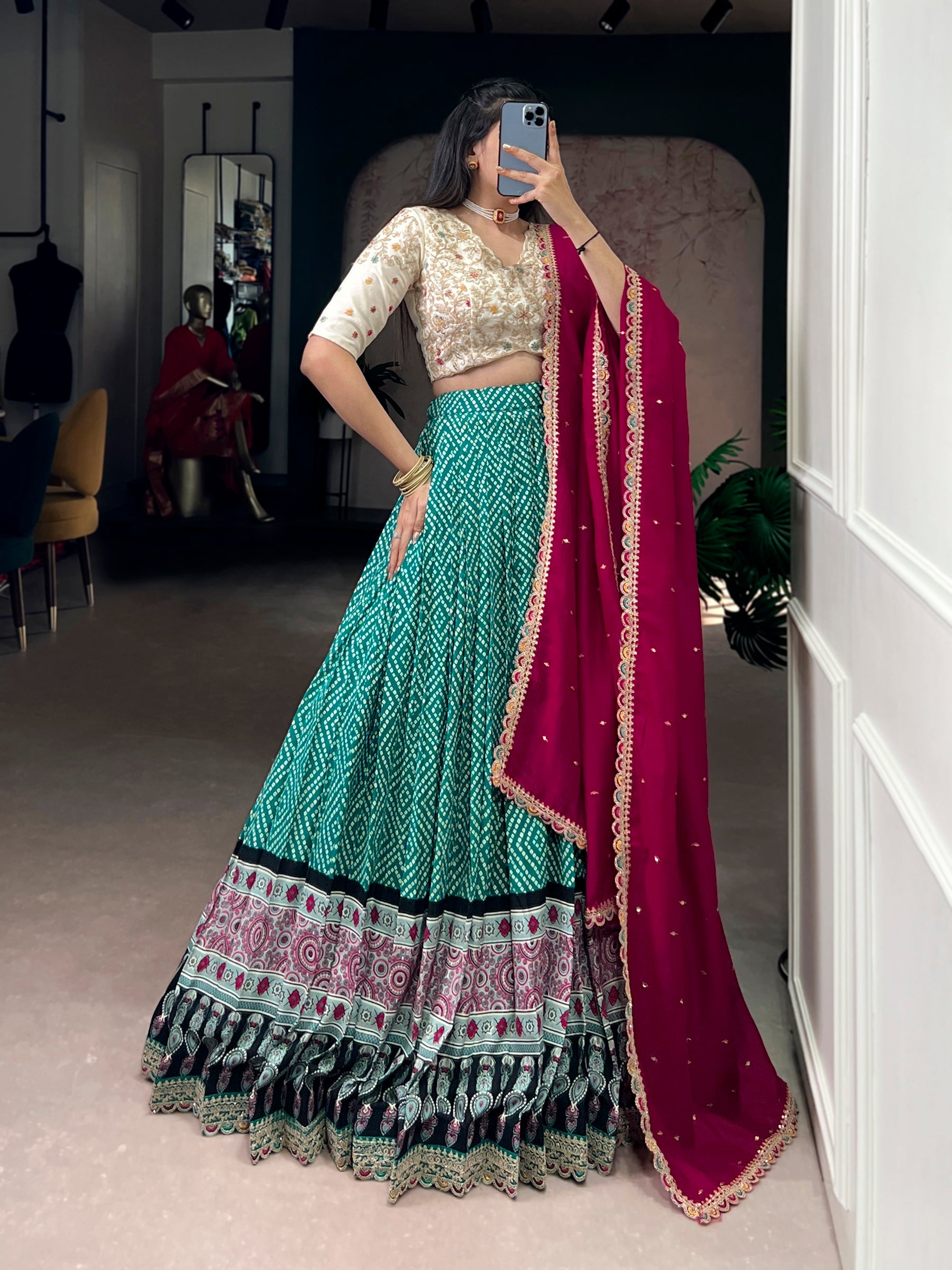 Lorenvalley Fashion Bottlegreen Rayon Bandhej and Ajarakh Print with Sequins and Thread Embroidery Lehenga Choli with Dupatta