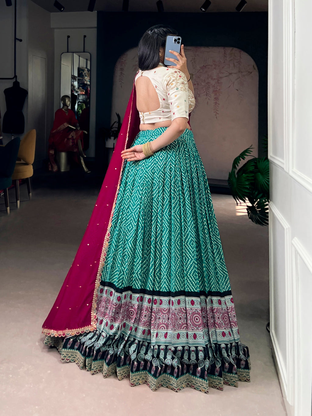 Lorenvalley Fashion Bottlegreen Rayon Bandhej and Ajarakh Print with Sequins and Thread Embroidery Lehenga Choli with Dupatta