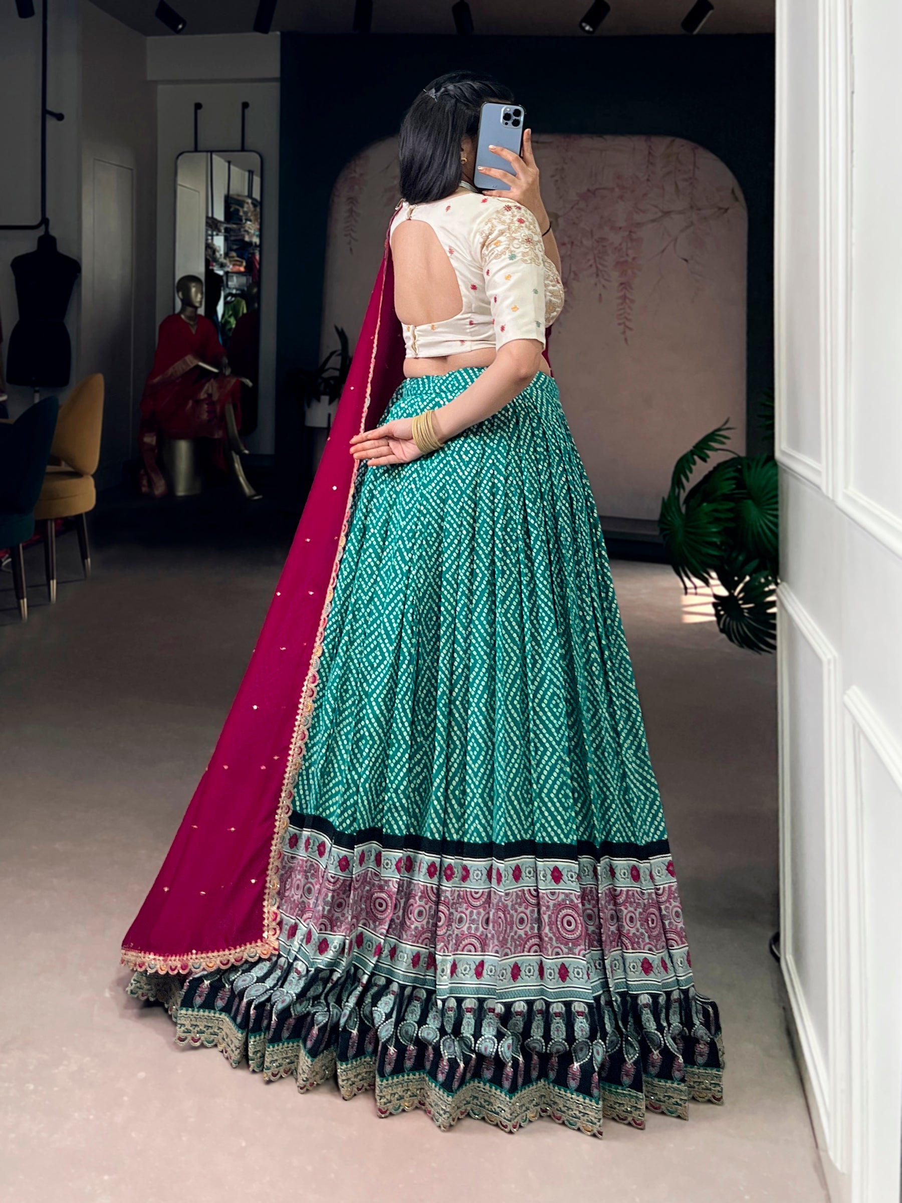 Lorenvalley Fashion Bottlegreen Rayon Bandhej and Ajarakh Print with Sequins and Thread Embroidery Lehenga Choli with Dupatta