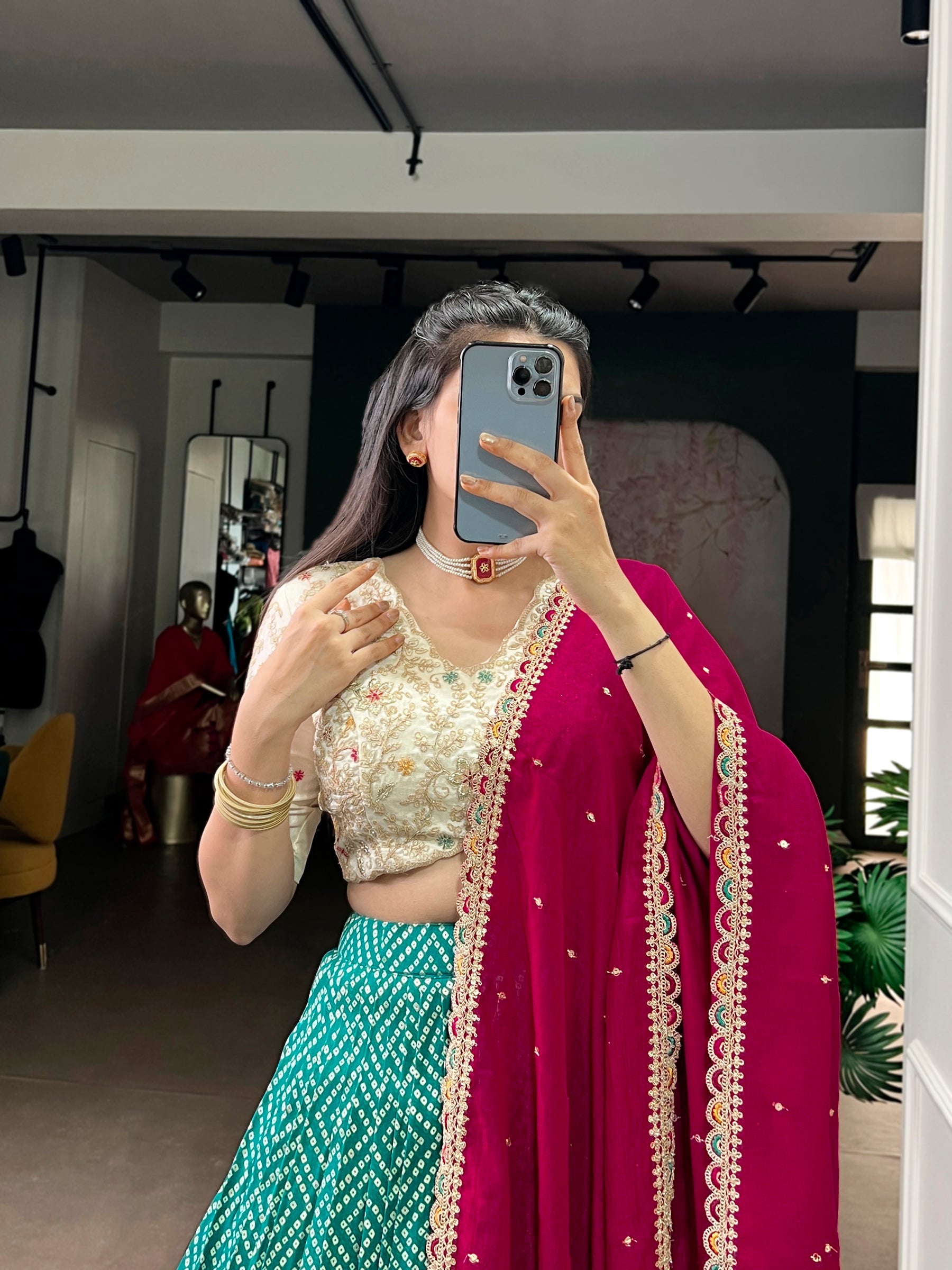 Lorenvalley Fashion Bottlegreen Rayon Bandhej and Ajarakh Print with Sequins and Thread Embroidery Lehenga Choli with Dupatta