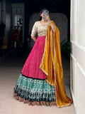 Lorenvalley Fashion Pink Rayon Bandhej and Ajrakh Print with Sequins and Thread Embroidery Lehenga Choli with Dupatta