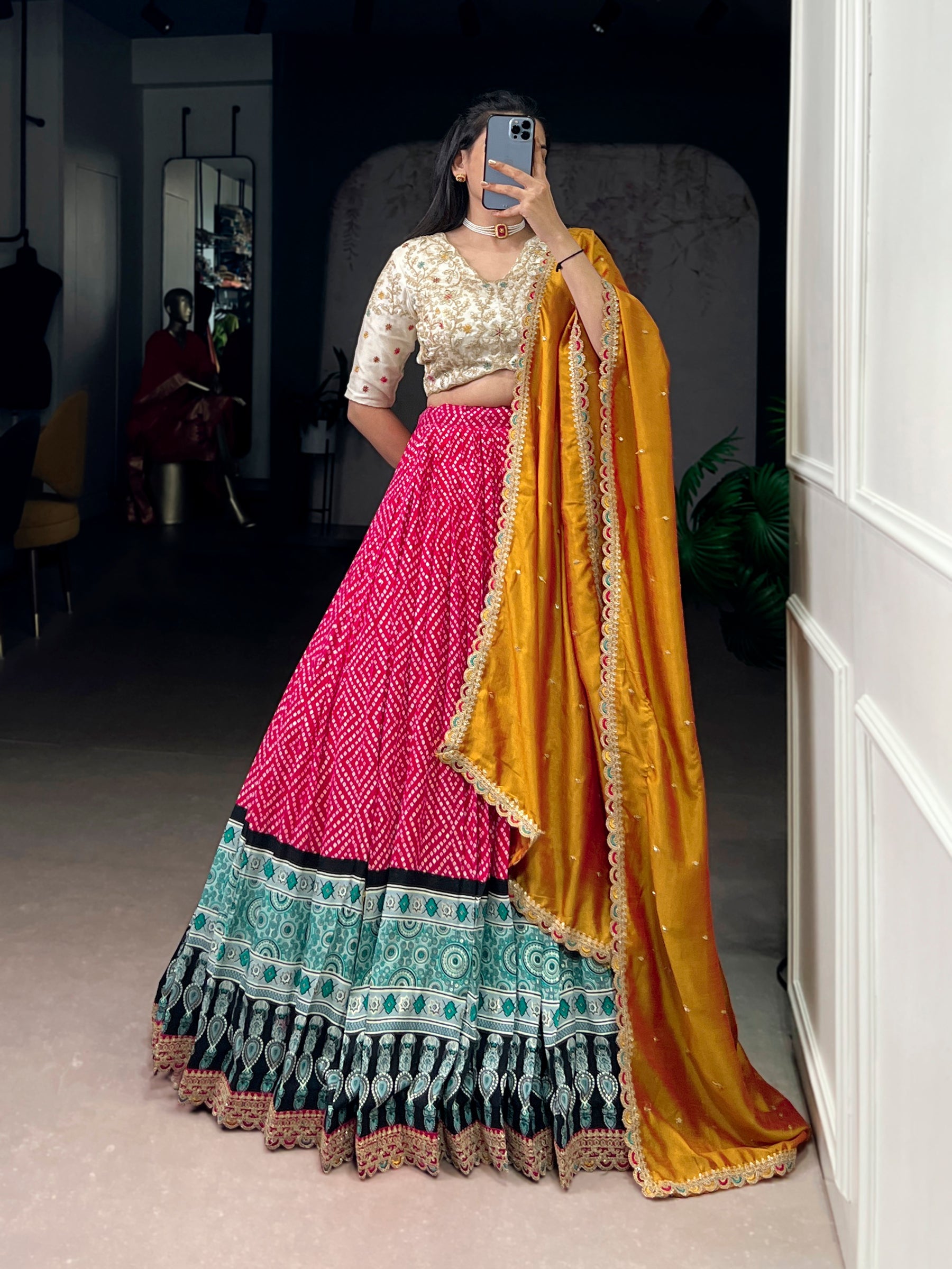 Lorenvalley Fashion Pink Rayon Bandhej and Ajrakh Print with Sequins and Thread Embroidery Lehenga Choli with Dupatta