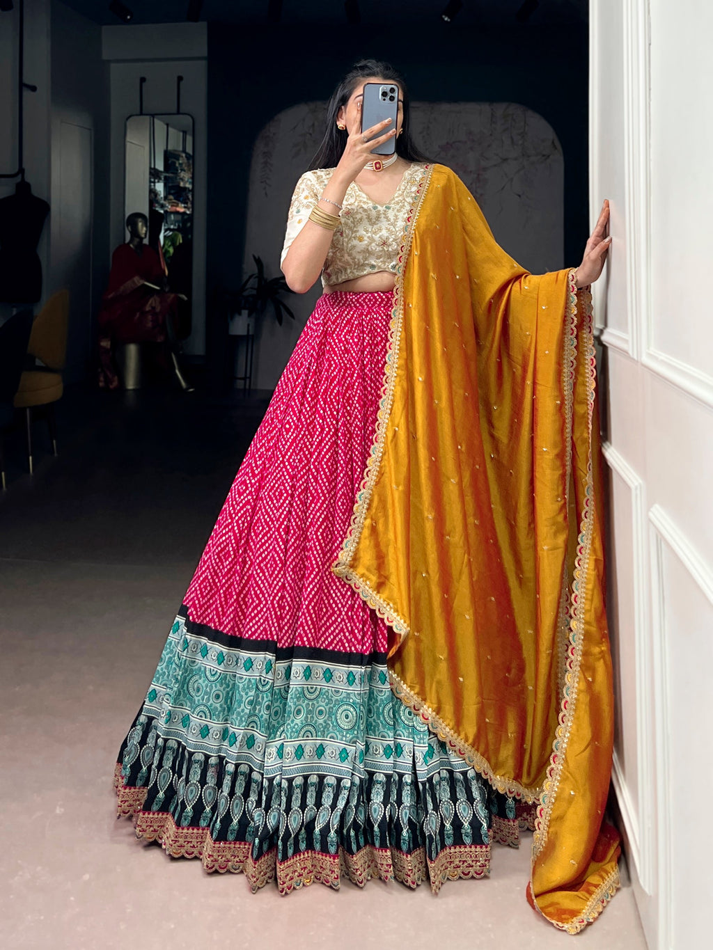 Lorenvalley Fashion Pink Rayon Bandhej and Ajrakh Print with Sequins and Thread Embroidery Lehenga Choli with Dupatta
