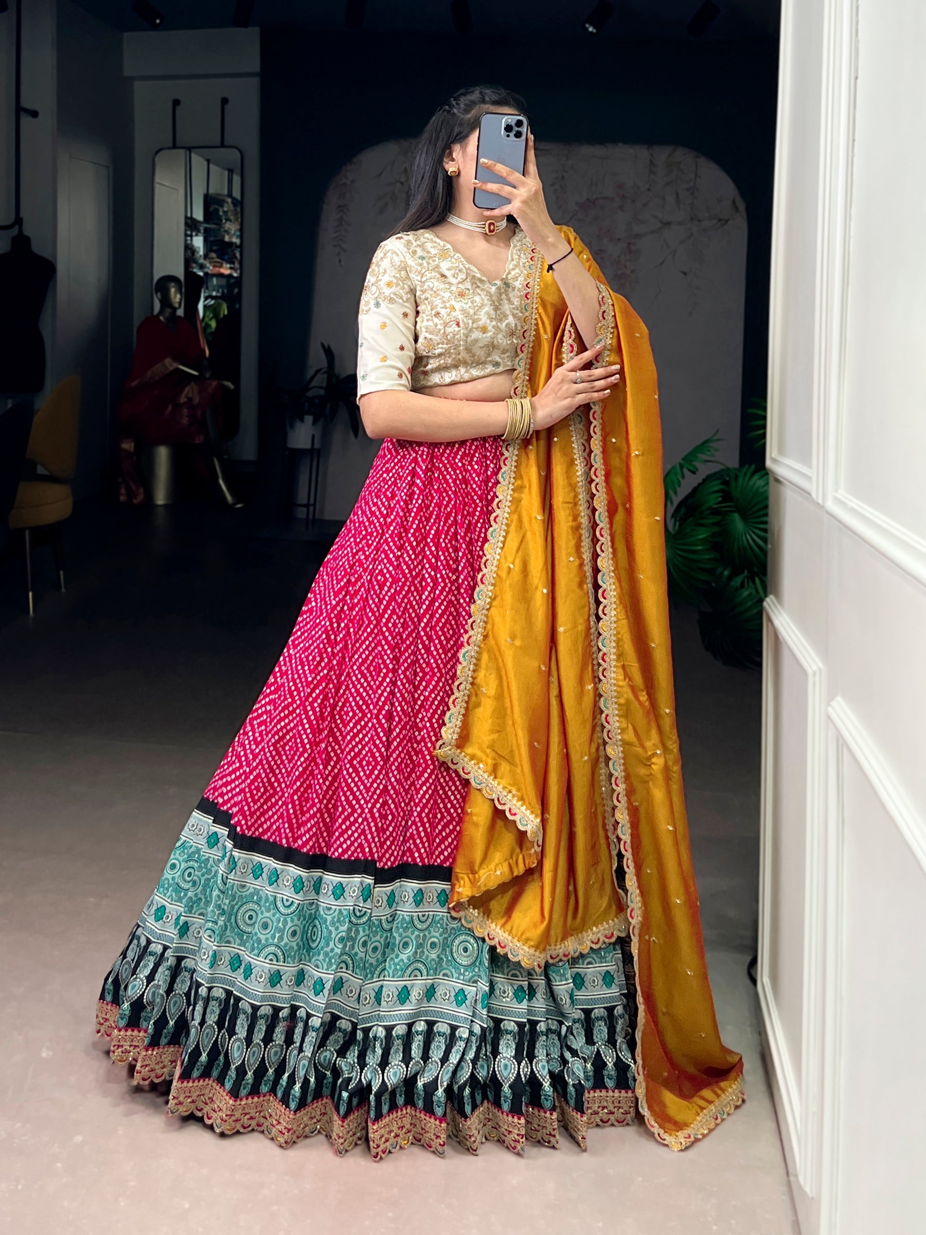 Lorenvalley Fashion Pink Rayon Bandhej and Ajrakh Print with Sequins and Thread Embroidery Lehenga Choli with Dupatta