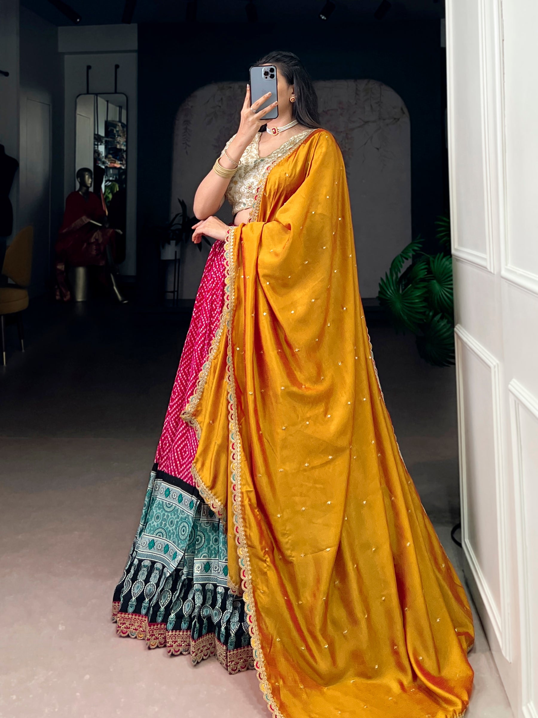 Lorenvalley Fashion Pink Rayon Bandhej and Ajrakh Print with Sequins and Thread Embroidery Lehenga Choli with Dupatta