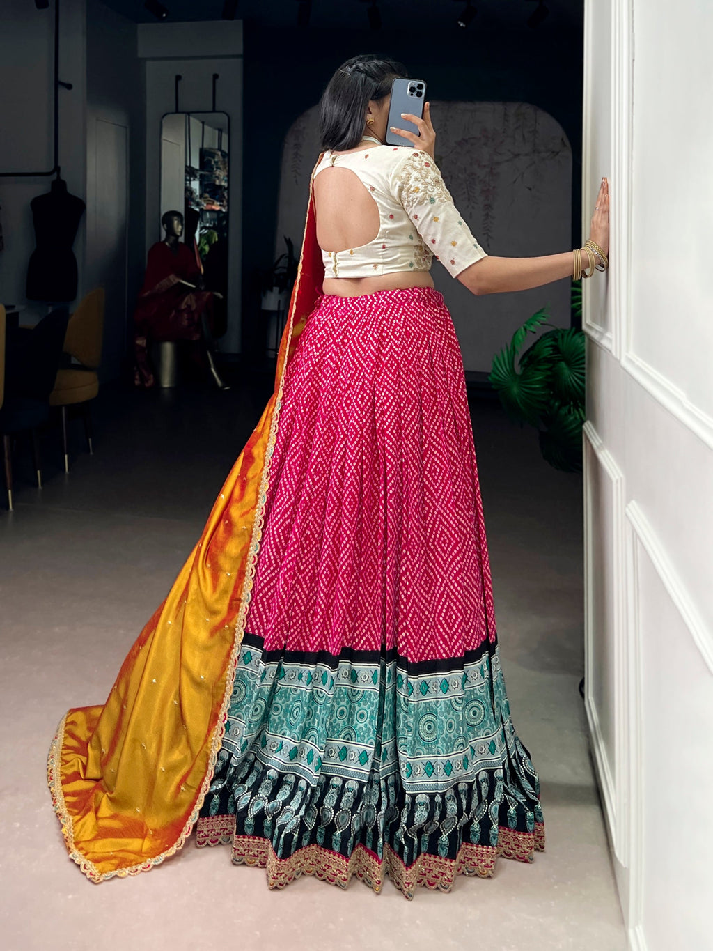 Lorenvalley Fashion Pink Rayon Bandhej and Ajrakh Print with Sequins and Thread Embroidery Lehenga Choli with Dupatta
