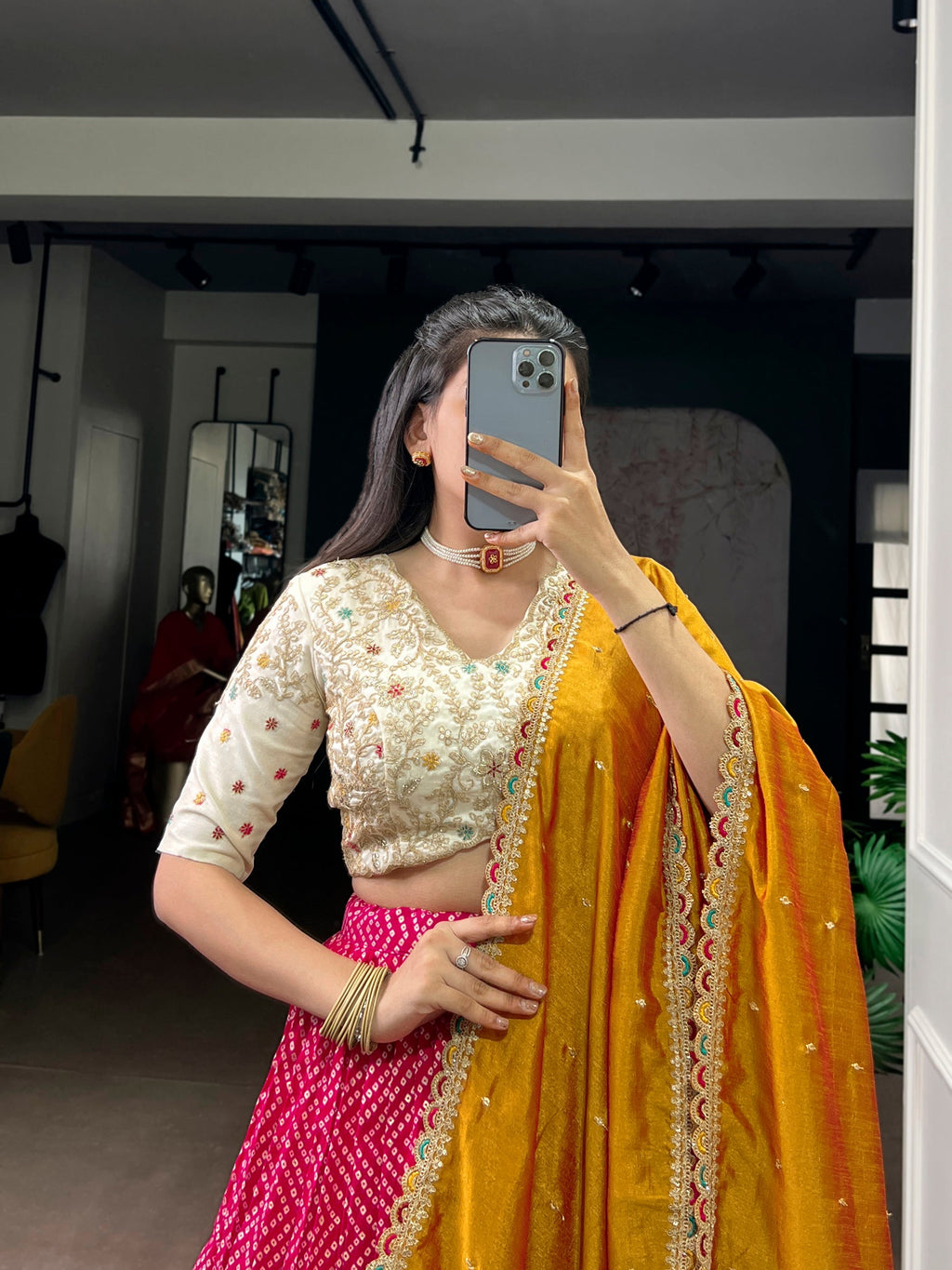 Lorenvalley Fashion Pink Rayon Bandhej and Ajrakh Print with Sequins and Thread Embroidery Lehenga Choli with Dupatta