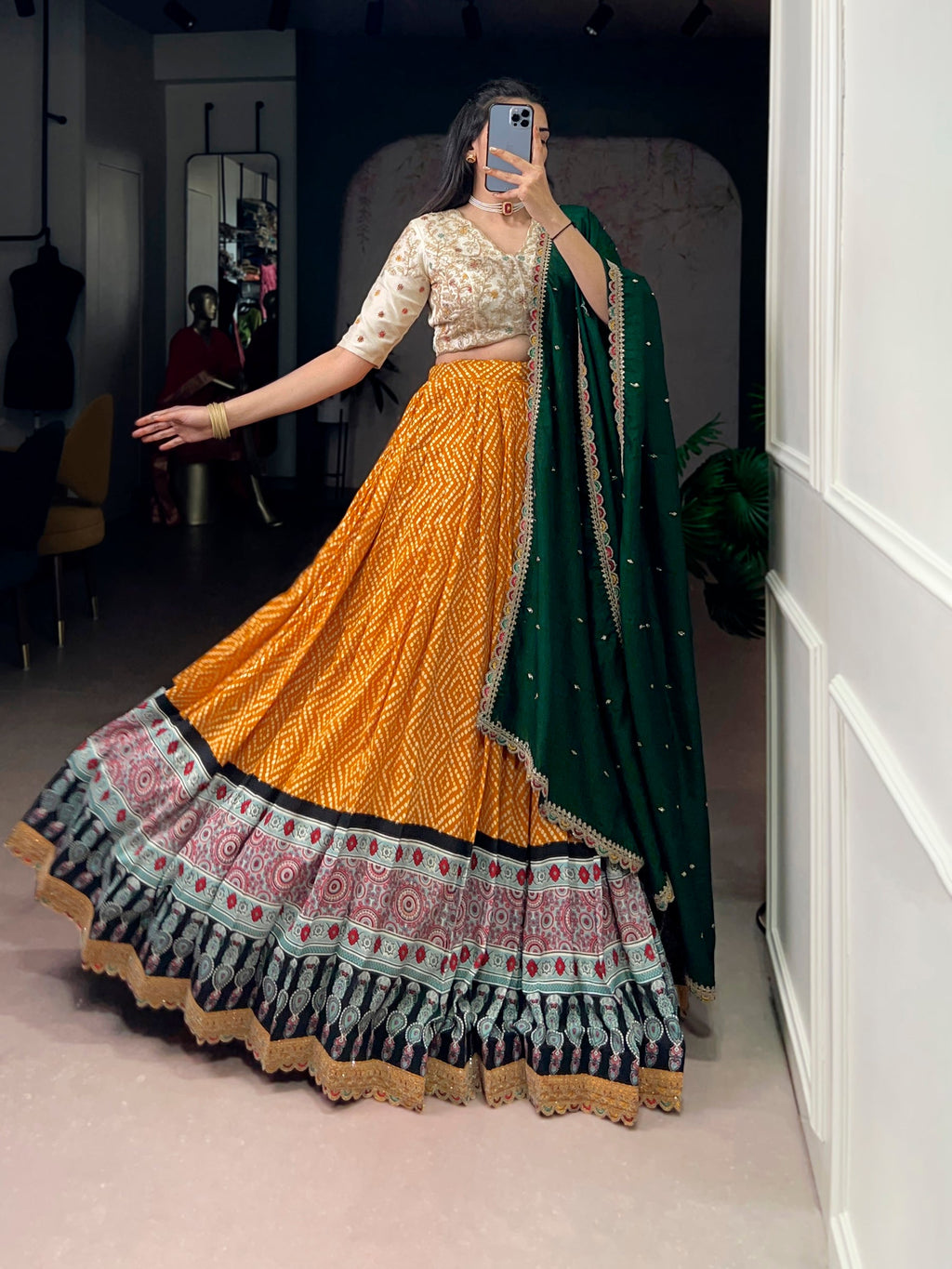 Lorenvalley Fashion Yellow Rayon Bandhej and Ajrakh Print with Sequins and Thread Embroidery Lehenga Choli with Dupatta